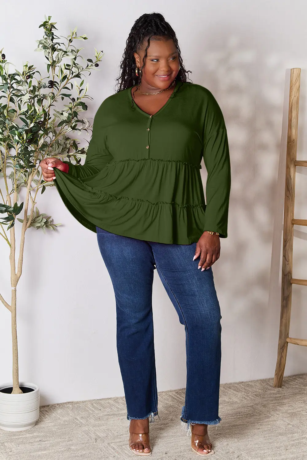 Half Button Long Sleeve Ruffle Hem Blouse, image 7