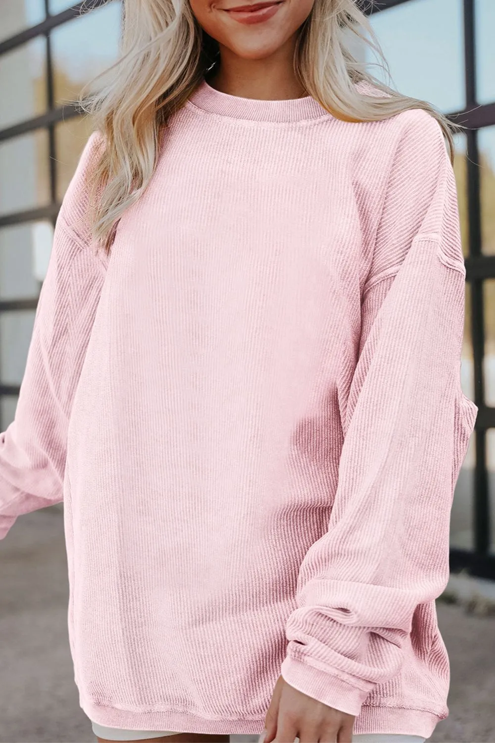 Ribbed Round Neck Drop Shoulder Sweatshirt, image 11