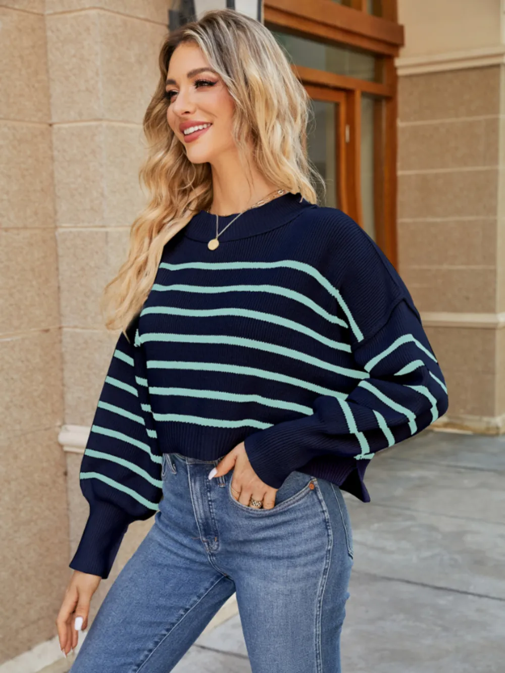 Round Neck Striped Lantern Sleeve Sweater, image 12