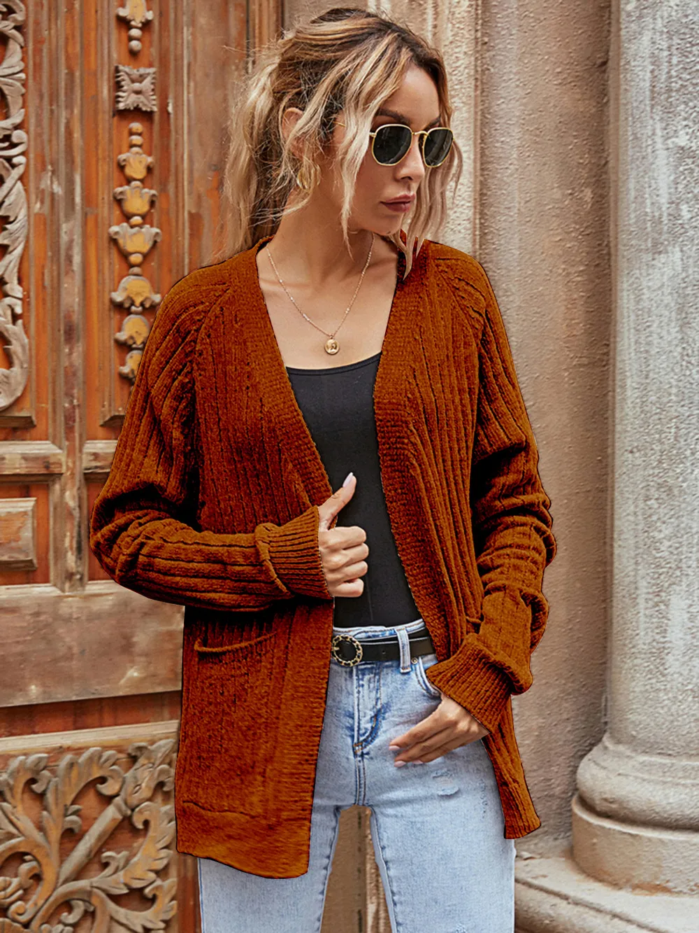 Ribbed Open Front Long Sleeve Cardigan, image 6