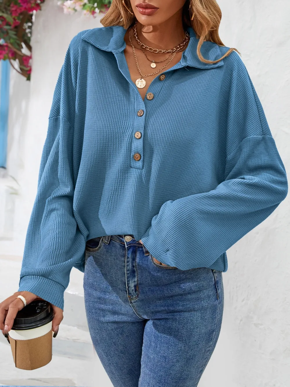 Half Button Collared Neck Long Sleeve Top, image 10