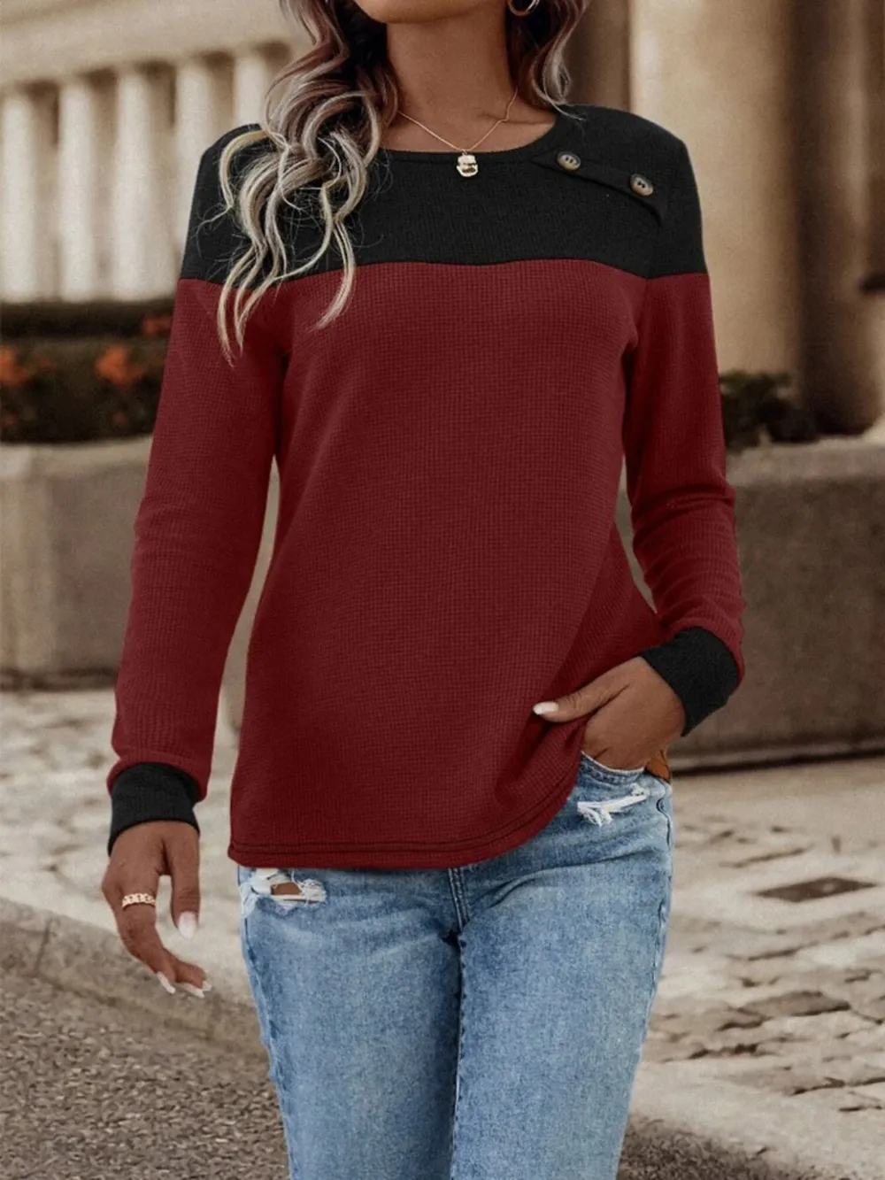 Contrast Buttoned Round Neck Long Sleeve T-Shirt, image 6