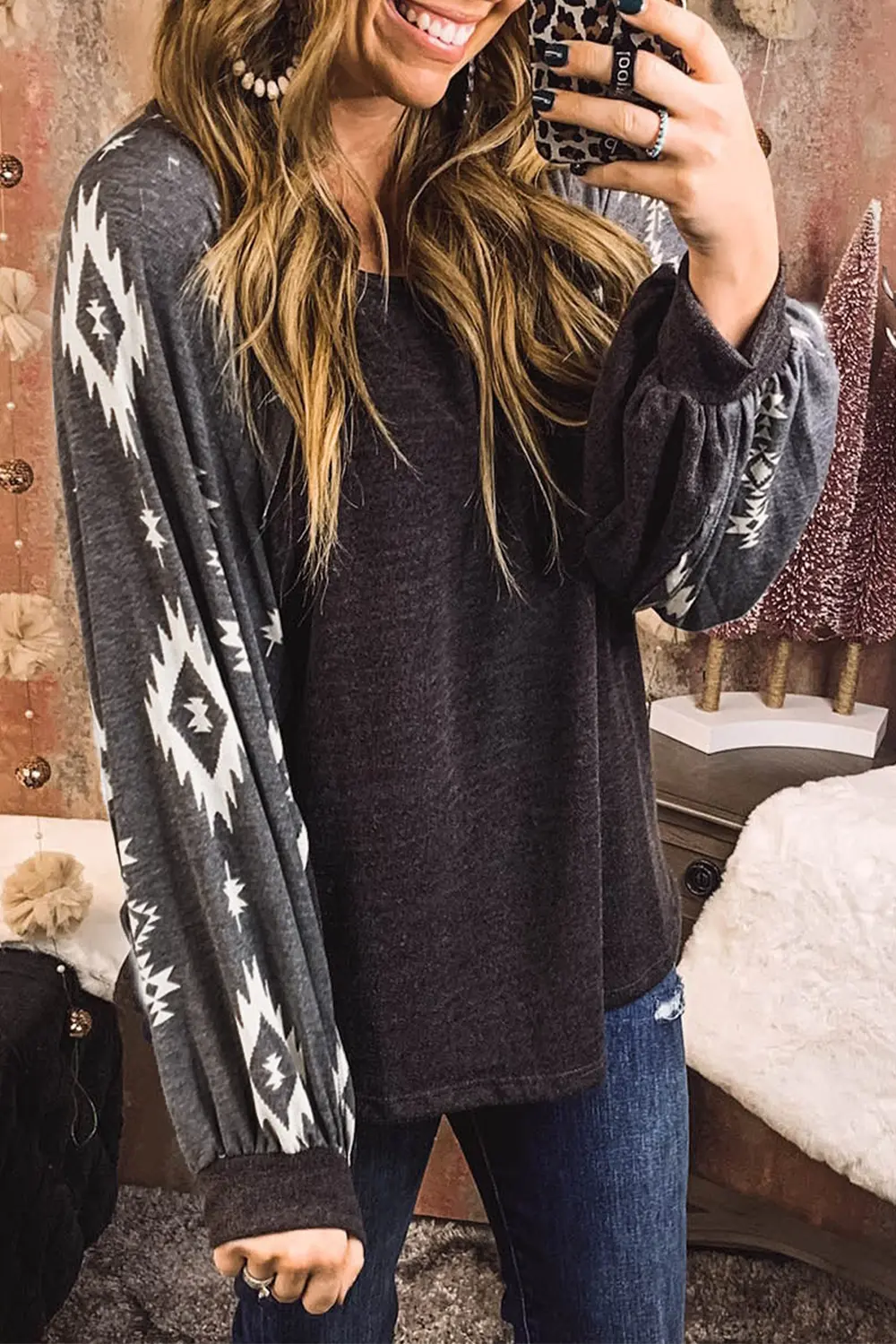 Geometric Round Neck Long Sleeve T-Shirt, image 2