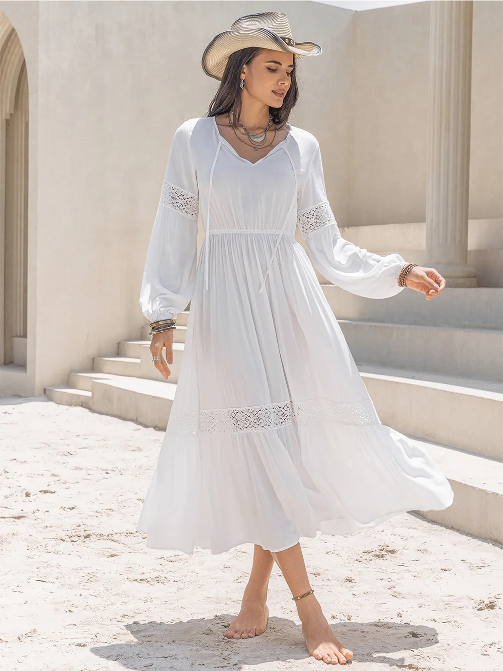 Tie Neck Balloon Sleeve Midi Dress, image 5