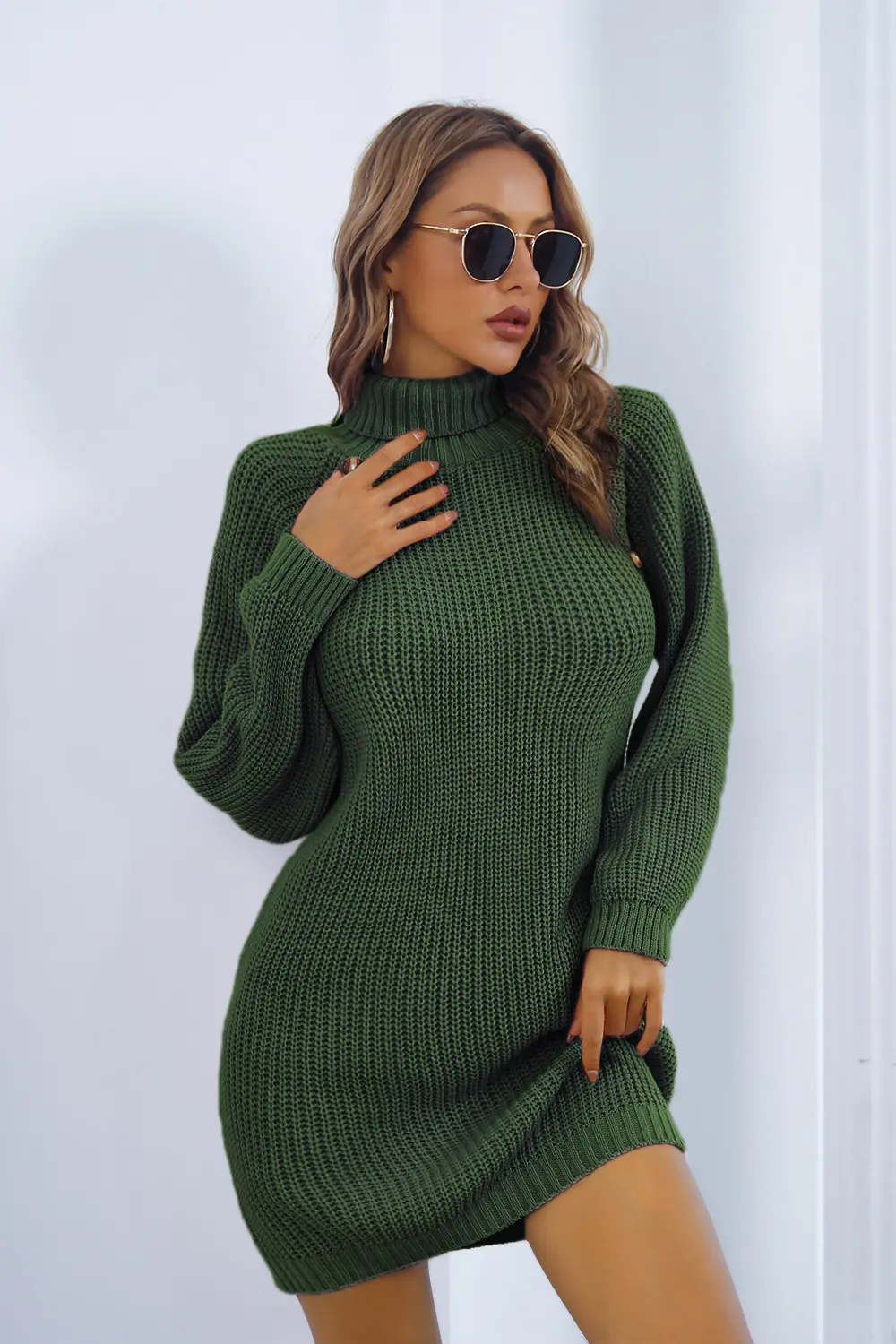 Buttoned Turtleneck Long Sleeve Sweater Dress, image 2