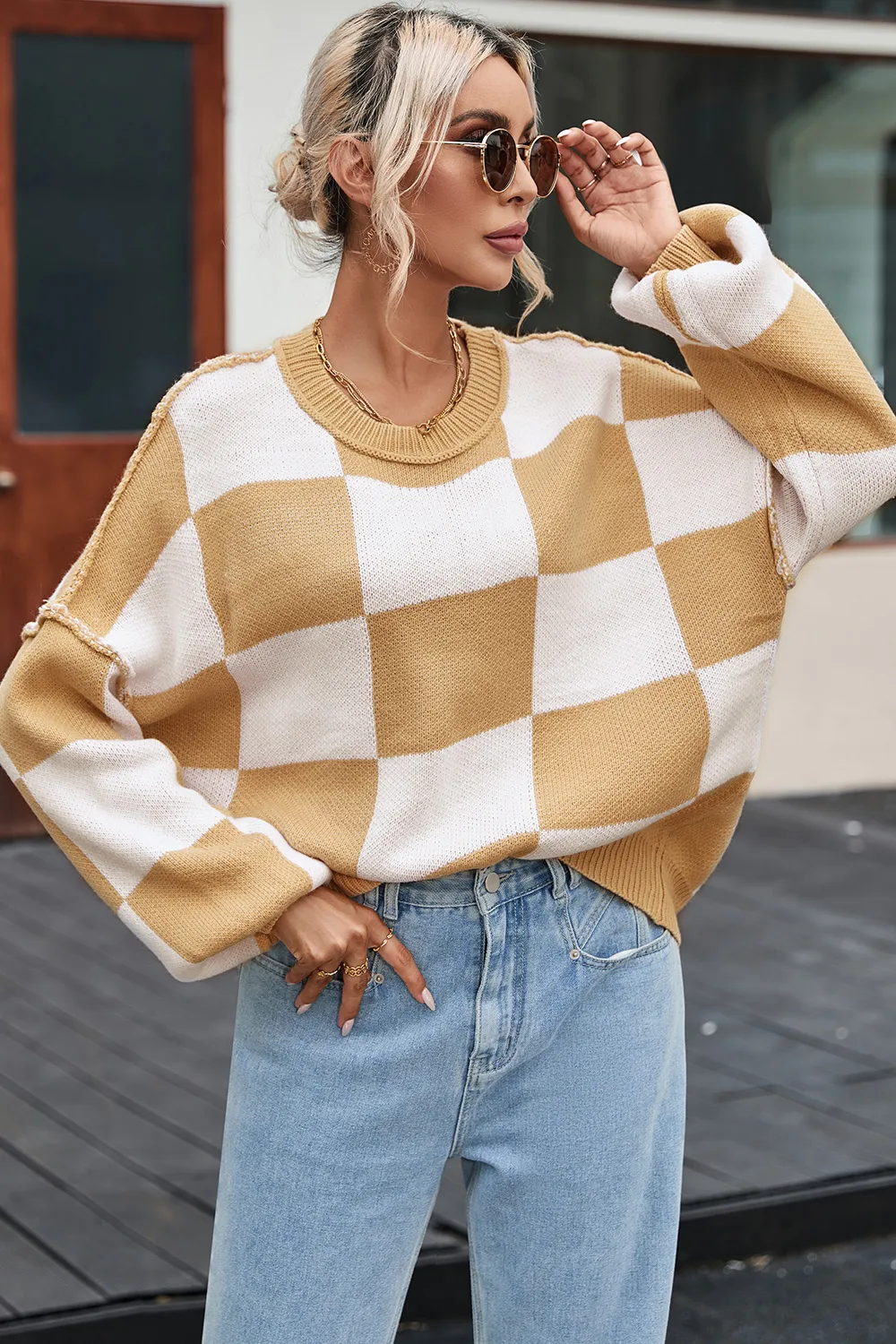 Checkered Exposed Seam Drooped Shoulder Sweater, image 6