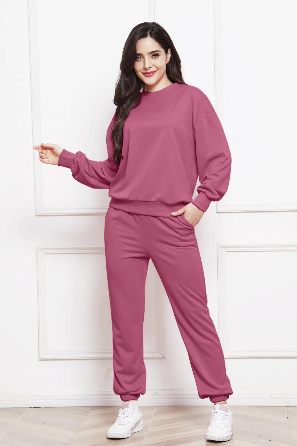 Round Neck Long Sleeve Sweatshirt and Pants Set, image 4