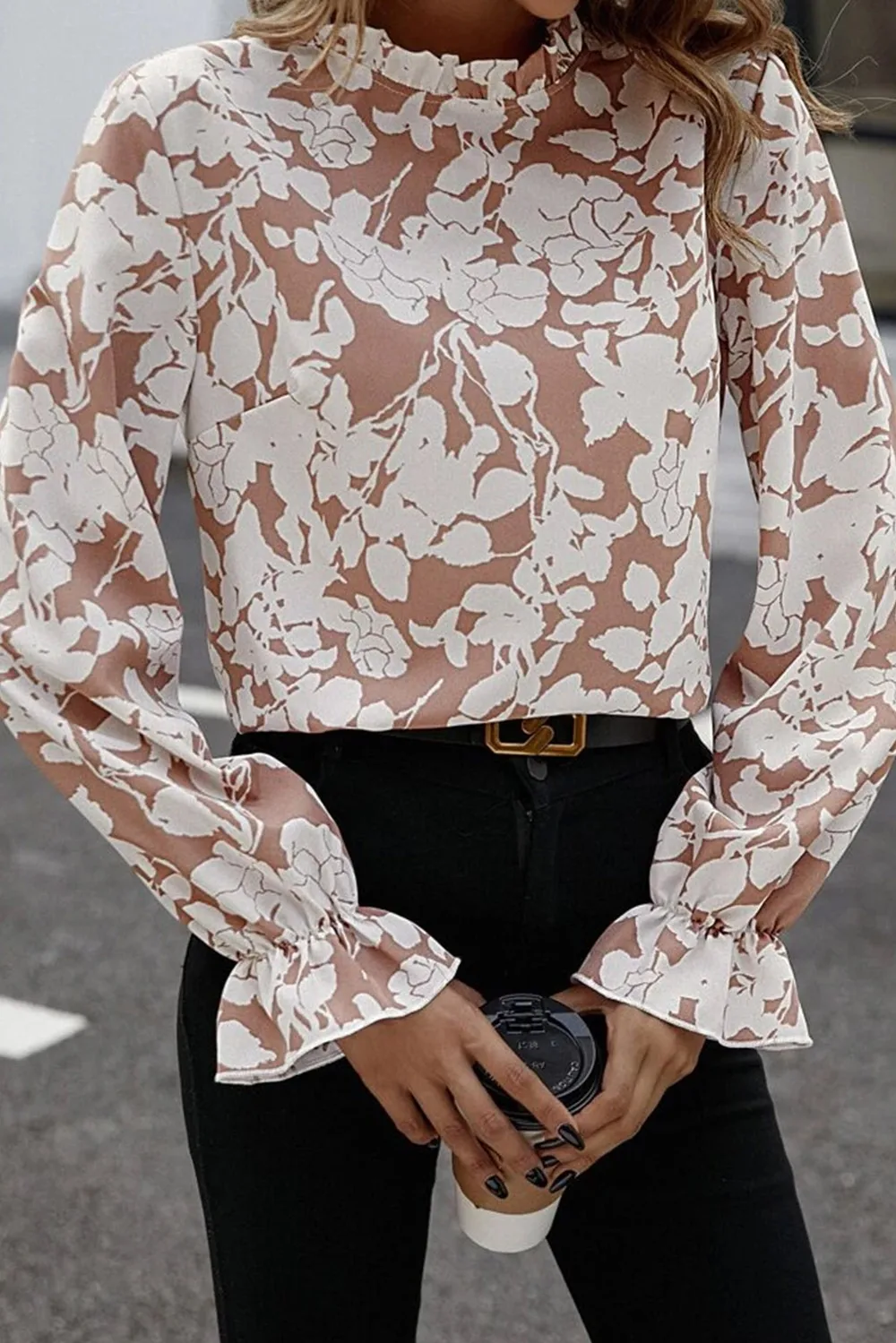 Floral Print Mock Neck Flounce Sleeve Blouse, image 3