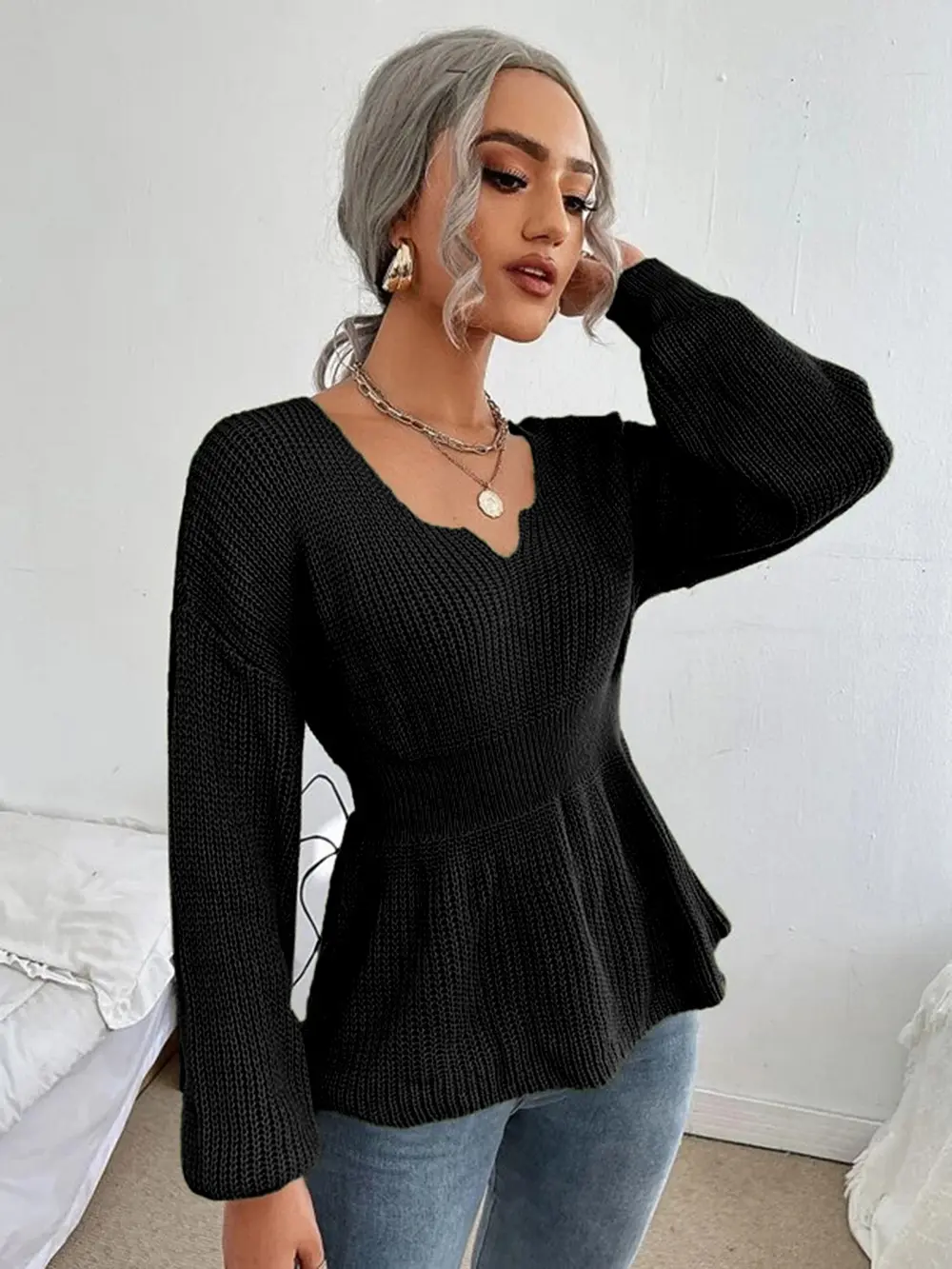 Notched Dropped Shoulder Knit Top, image 6