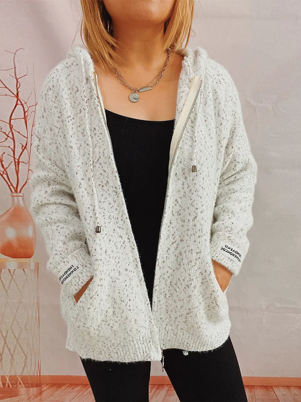 Zip Up Drawstring Long Sleeve Hooded Sweater, image 2