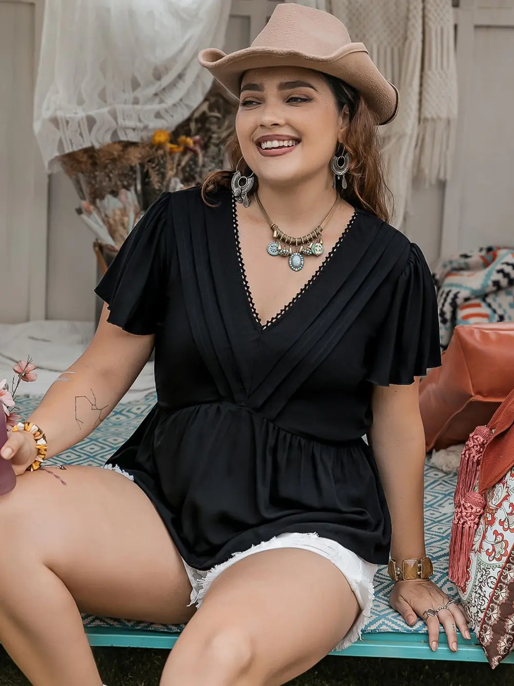Plus Size V-Neck Flutter Sleeve Blouse, image 3