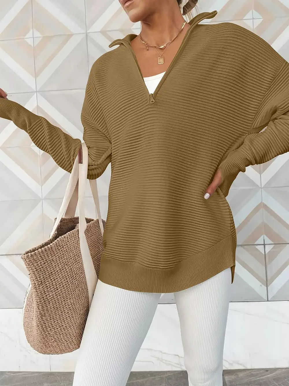Half Zip Long Sleeve Knit Top, image 7