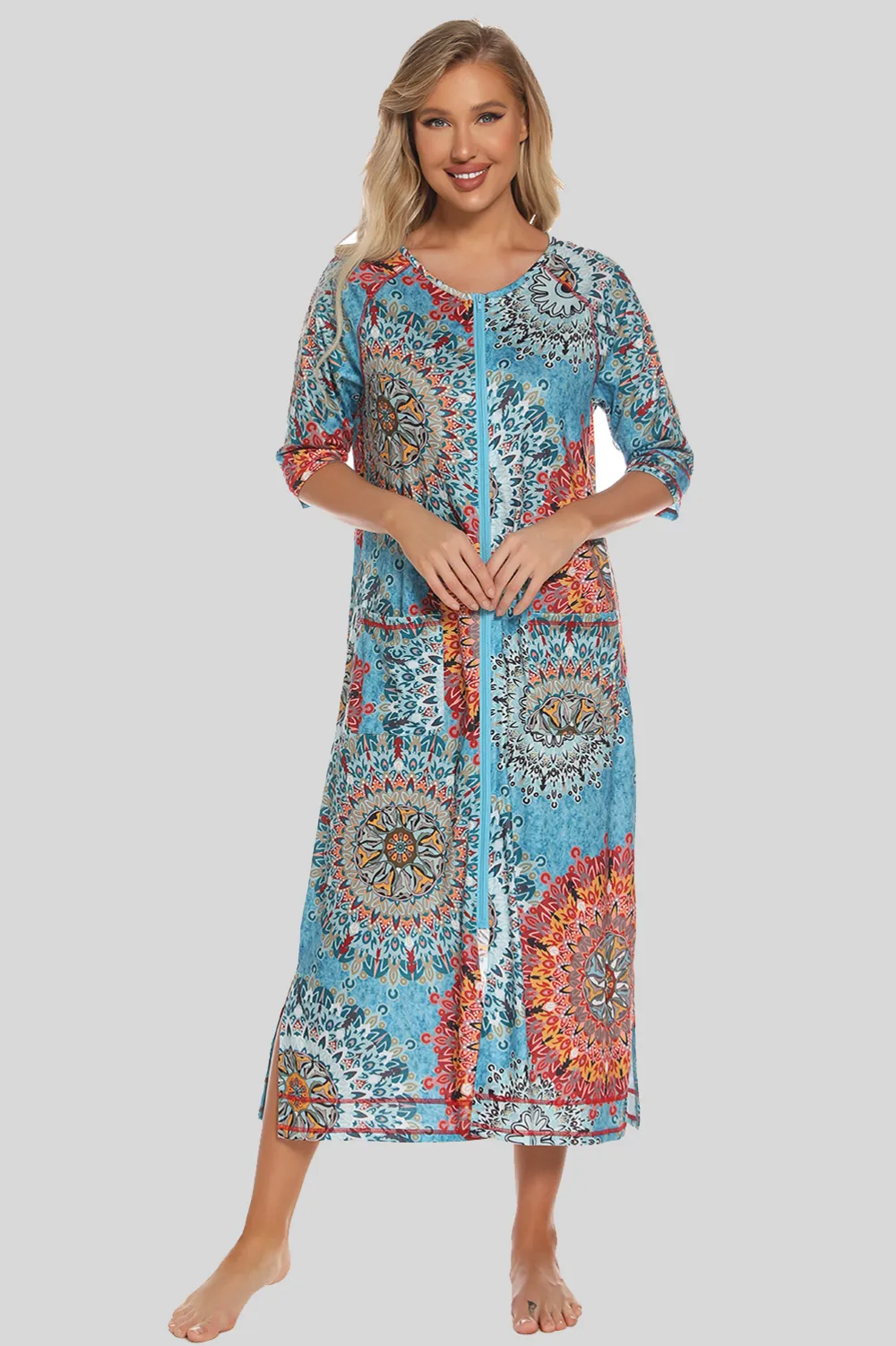 Printed Slit Night Dress with Pockets, image 7