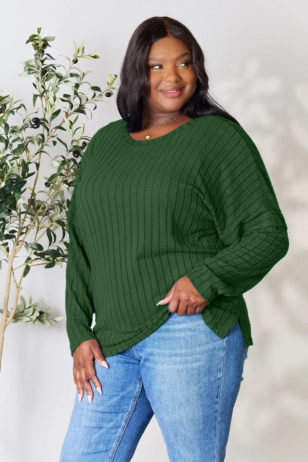 Full Size Ribbed Round Neck Slit Knit Top, image 15