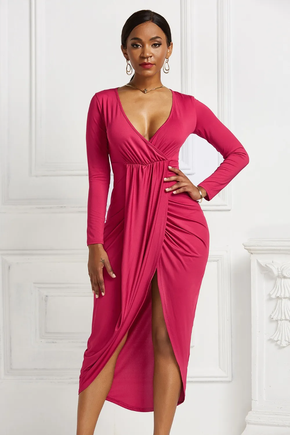 High-low Ruched Surplice Long Sleeve Dress, image 15
