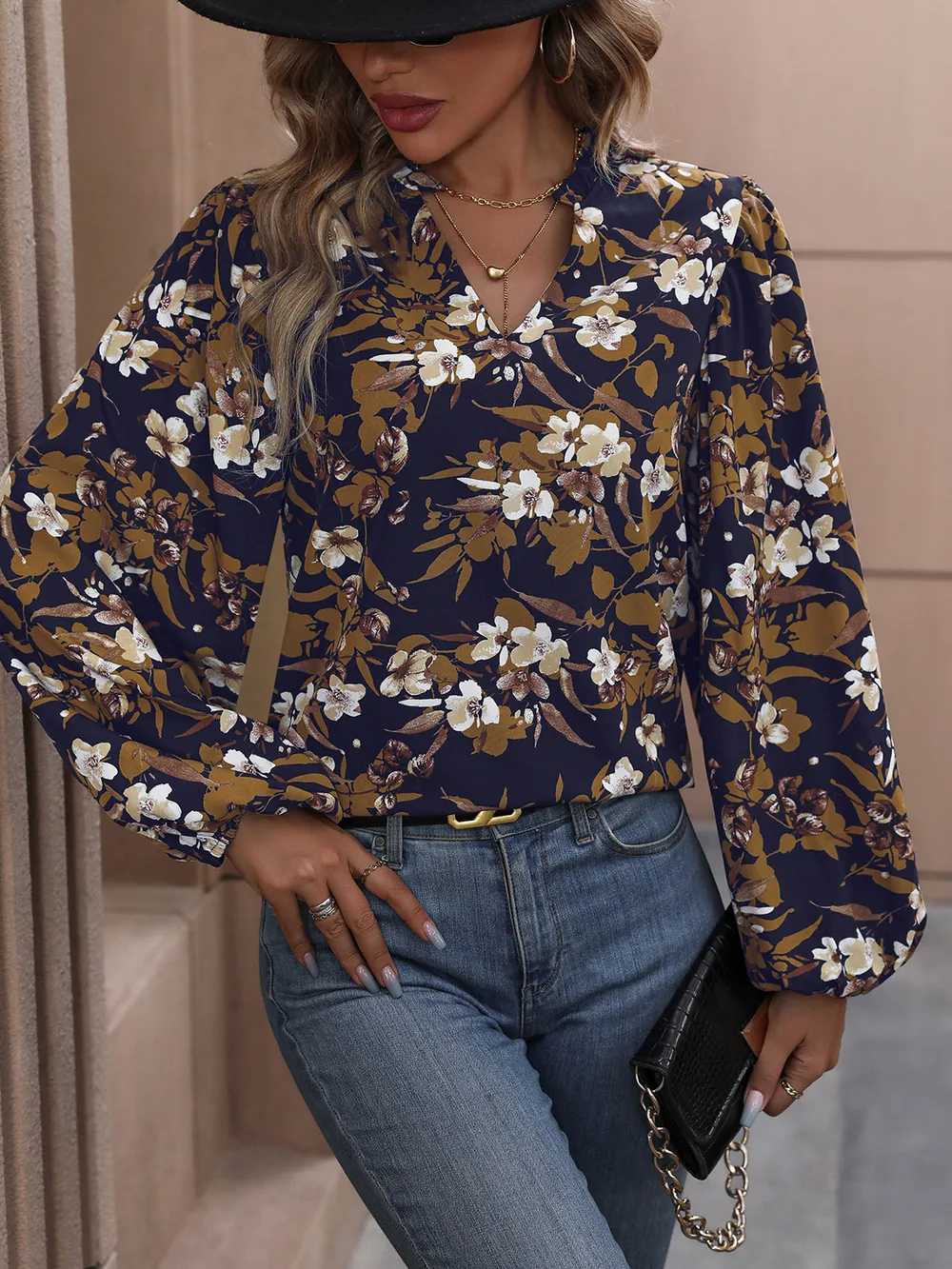 Floral Notched Balloon Sleeve Blouse, image 5