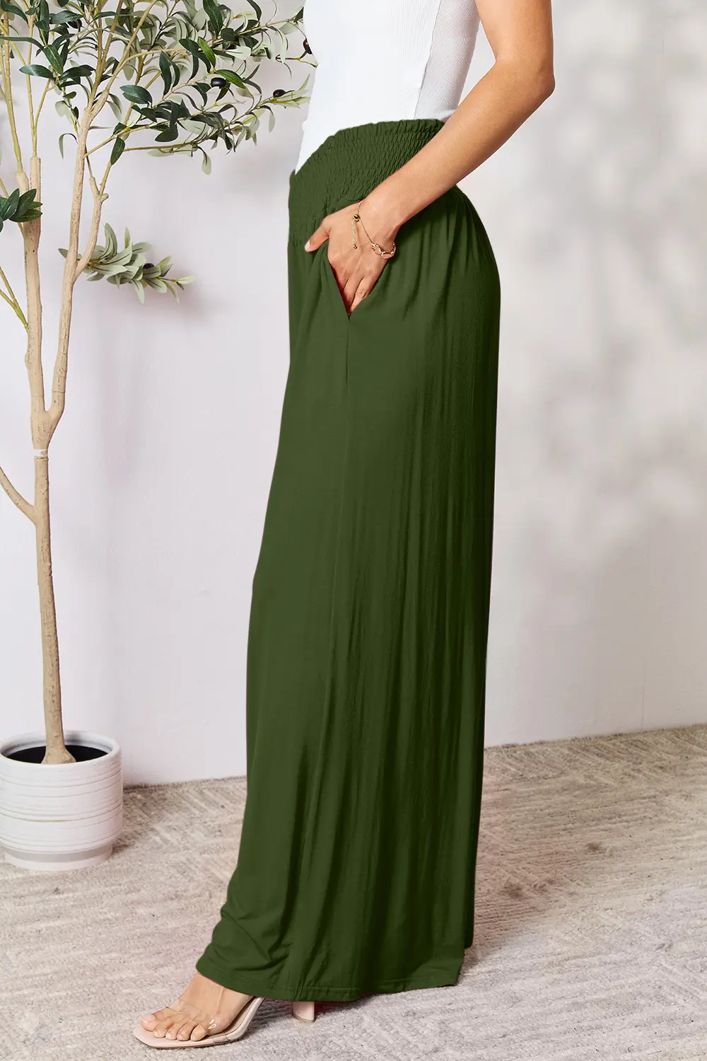 Full Size Smocked Wide Waistband Wide Leg Pants, image 8
