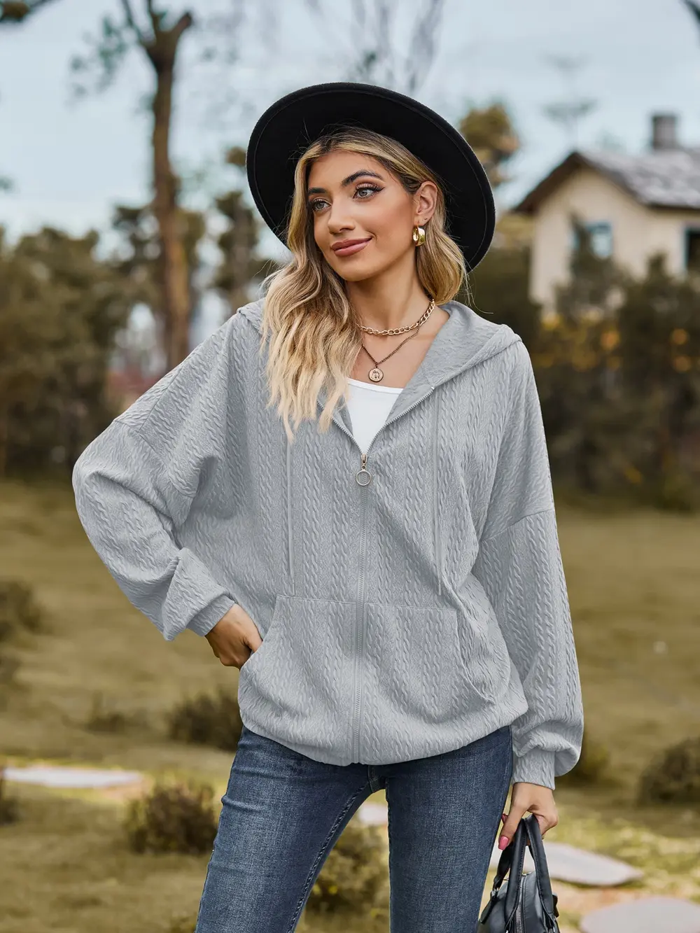 Zip Up Drawstring Long Sleeve Hooded Jacket, image 16