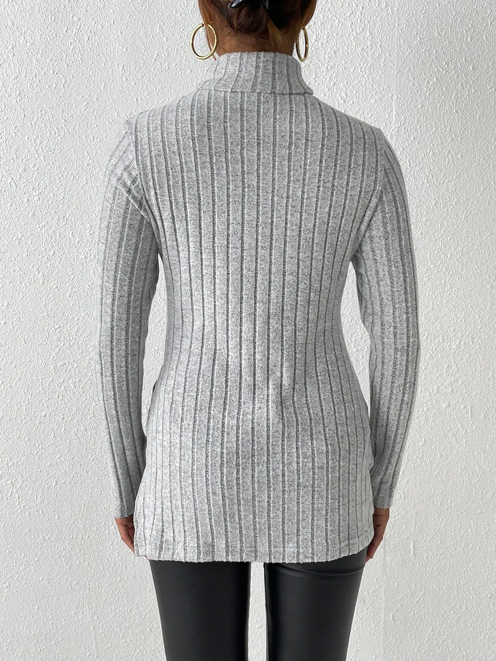 Ribbed Turtleneck Long Sleeve Slit T-Shirt, image 3