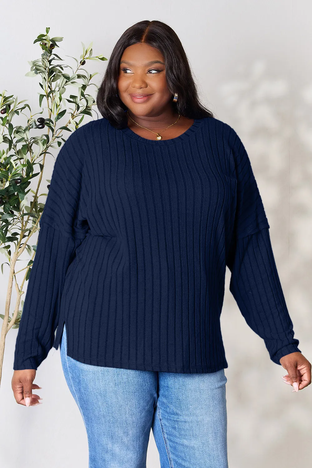 Full Size Ribbed Round Neck Slit Knit Top, image 16