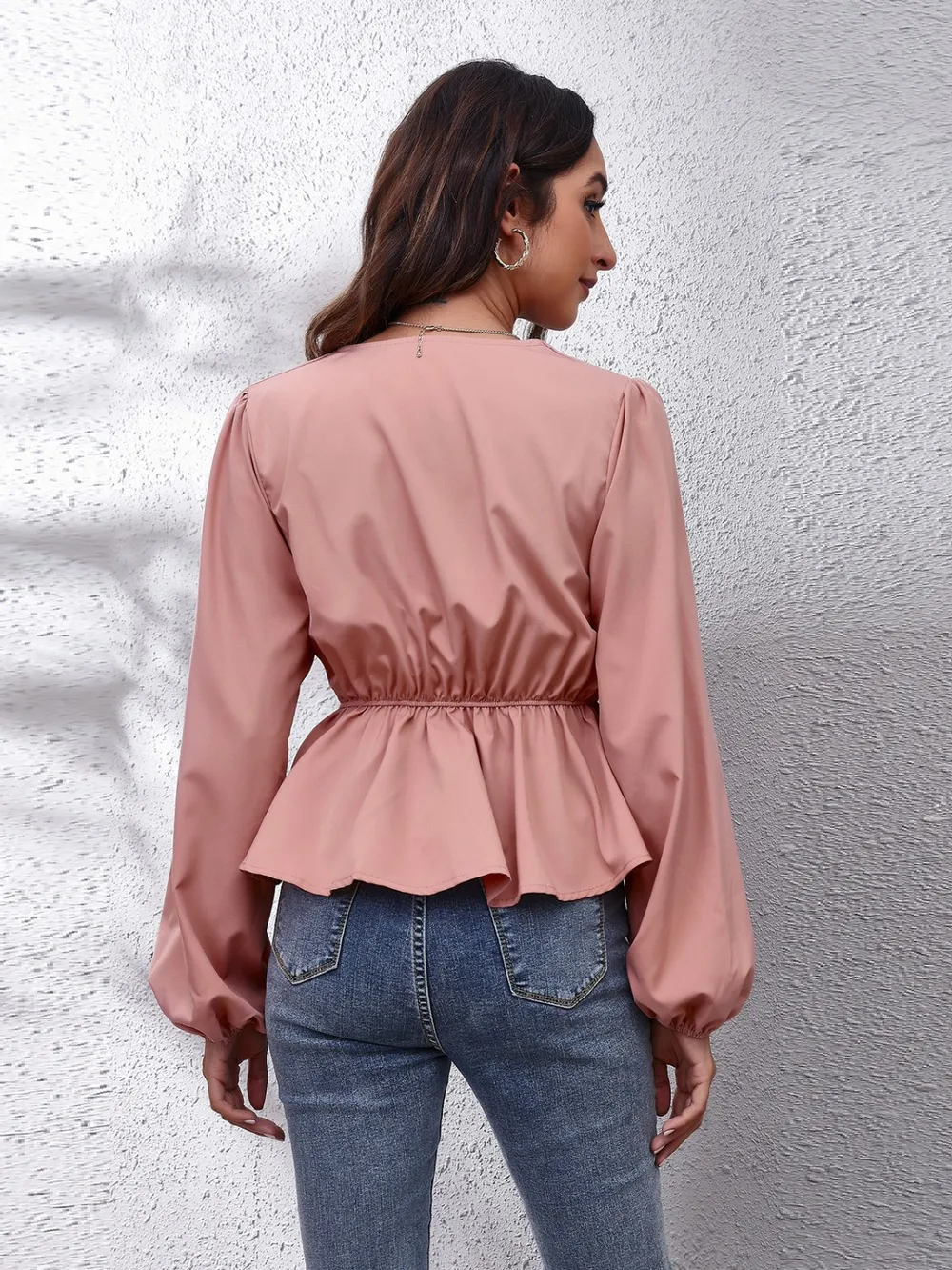 V-Neck Balloon Sleeve Peplum Blouse, image 3