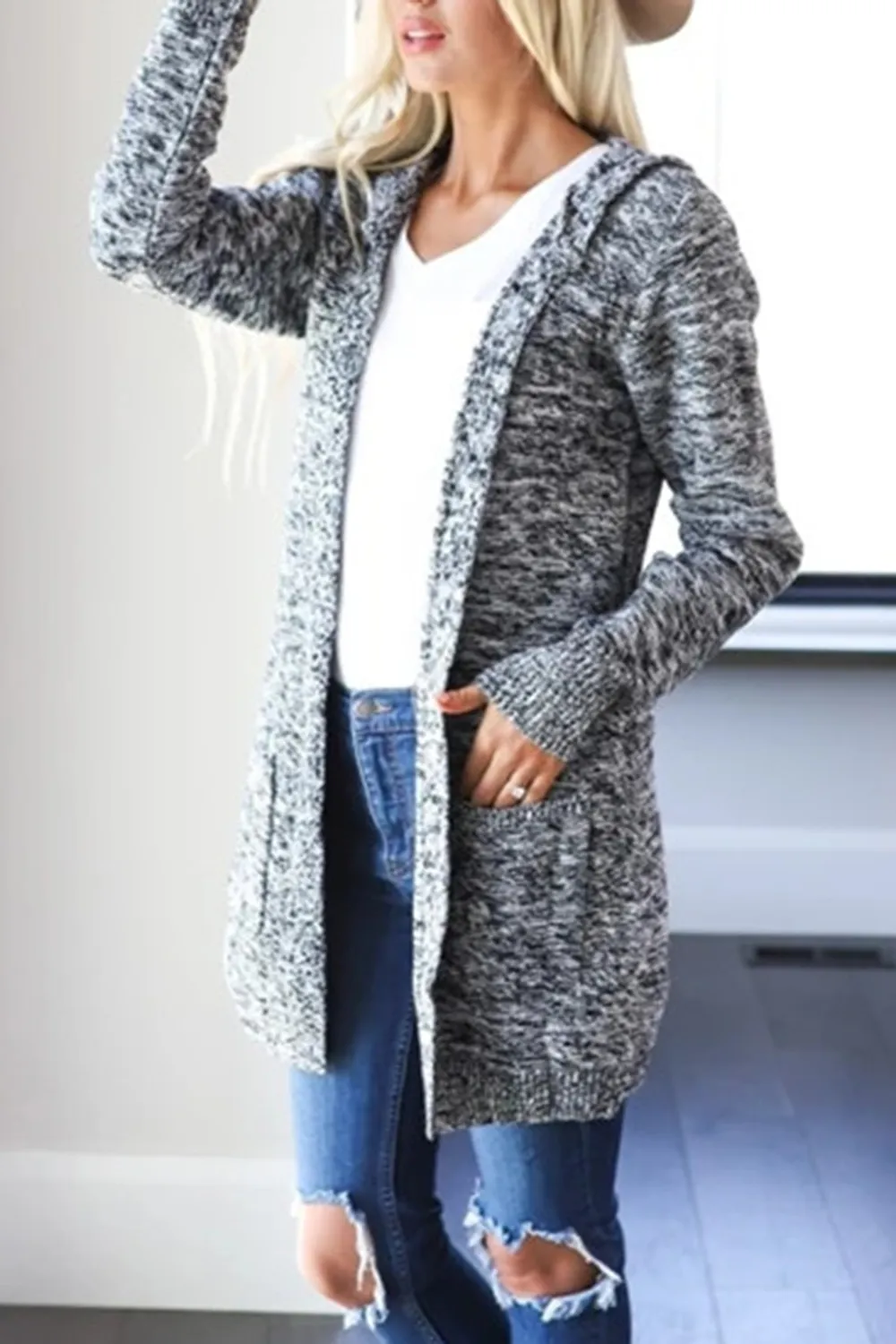 Heathered Open Front Cardigan with Pockets, image 8