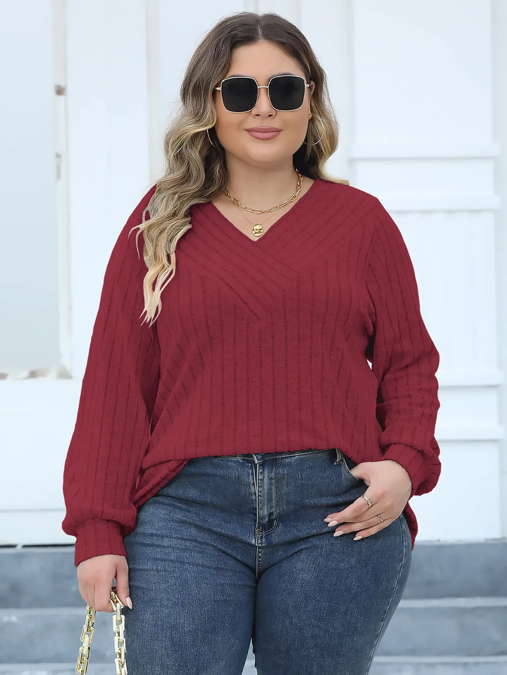 Plus Size Ribbed V-Neck Long Sleeve Top, image 5