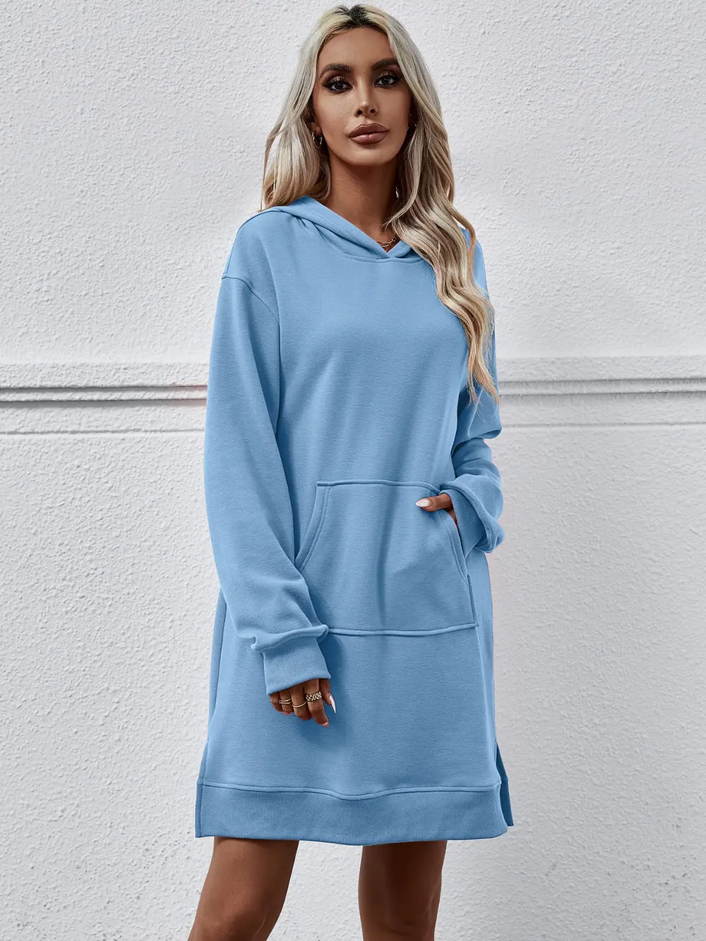 Slit Long Sleeve Hooded Dress with Pocket, image 4
