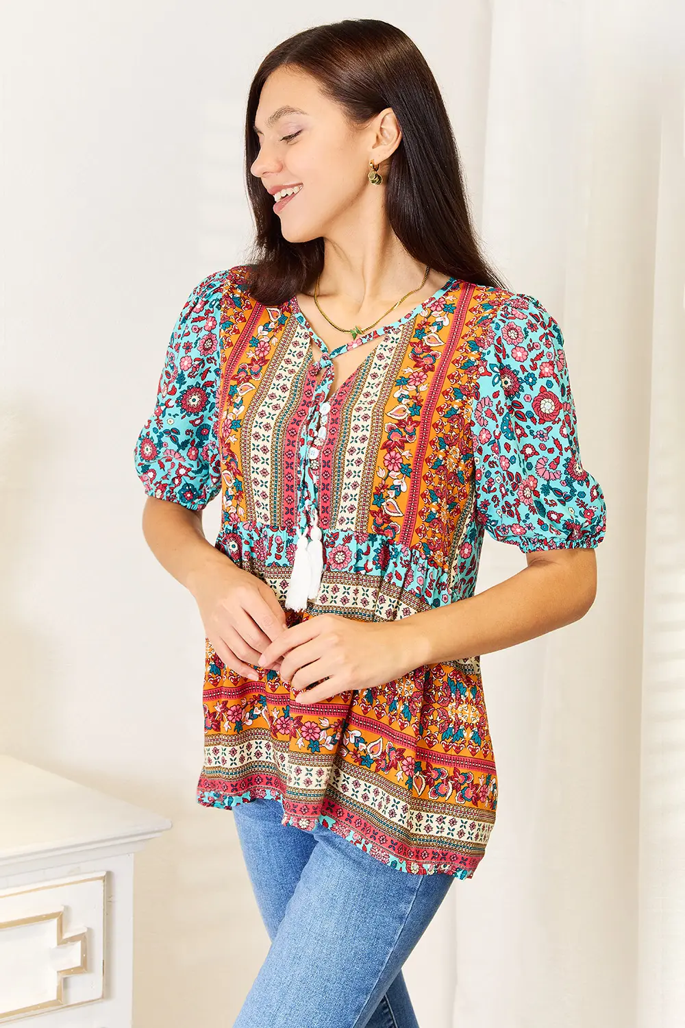 Bohemian Tassel Tie Puff Sleeve Babydoll Blouse, image 3