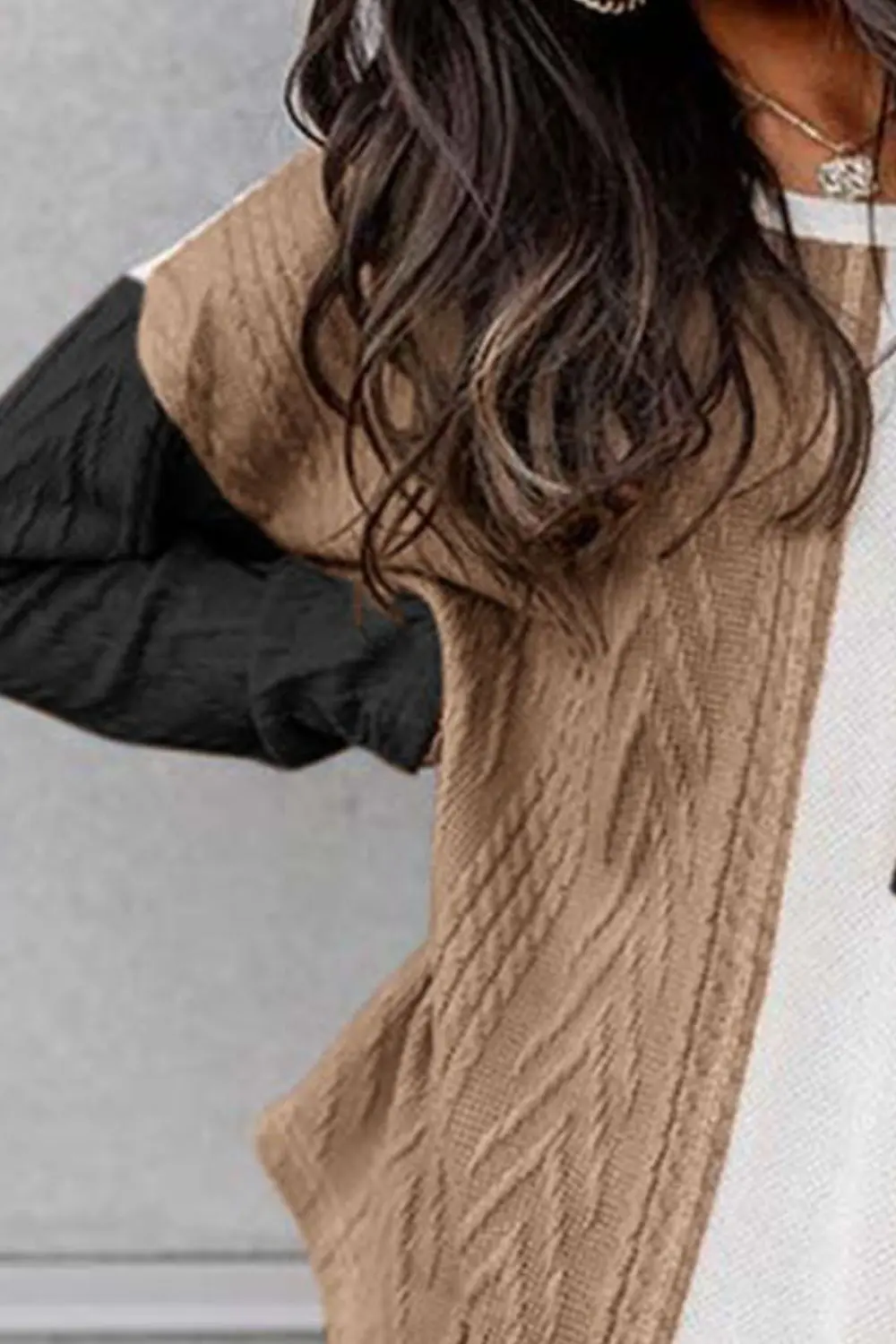 Full Size Color Block Cable-Knit Tops, image 6