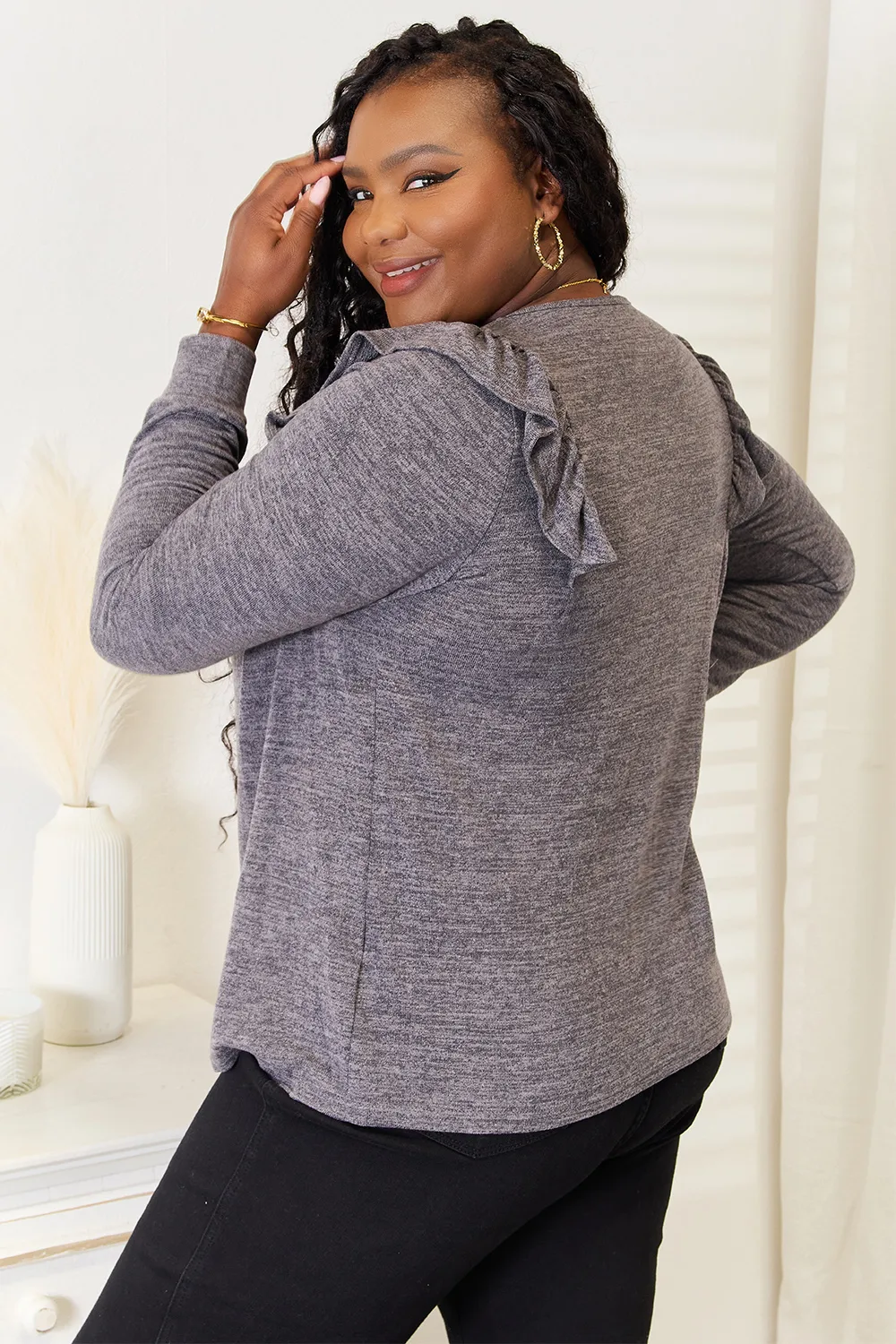 Square Neck Ruffle Shoulder Long Sleeve T-Shirt, image 12