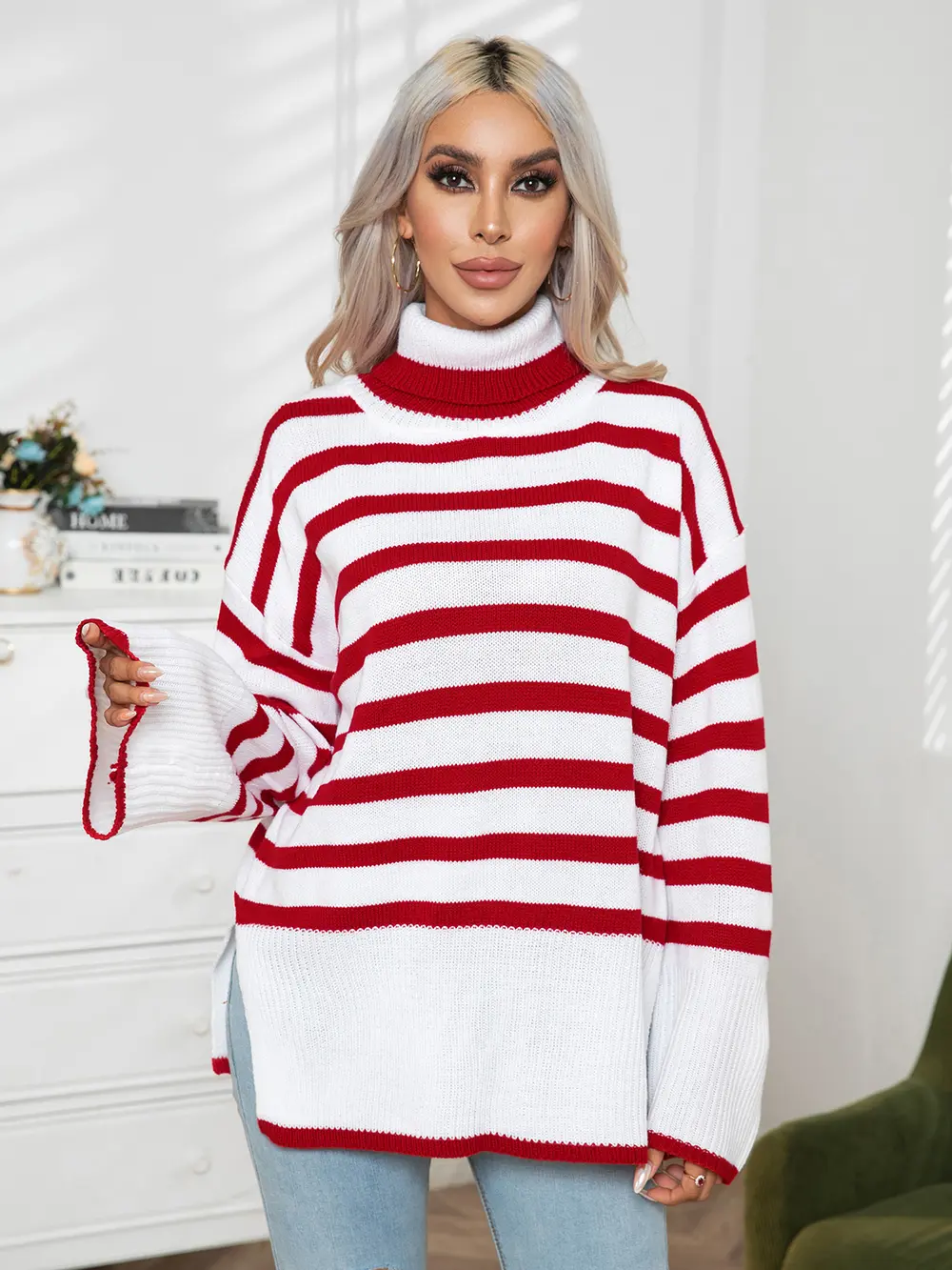 Striped Slit Turtleneck Drop Shoulder Sweater, image 7