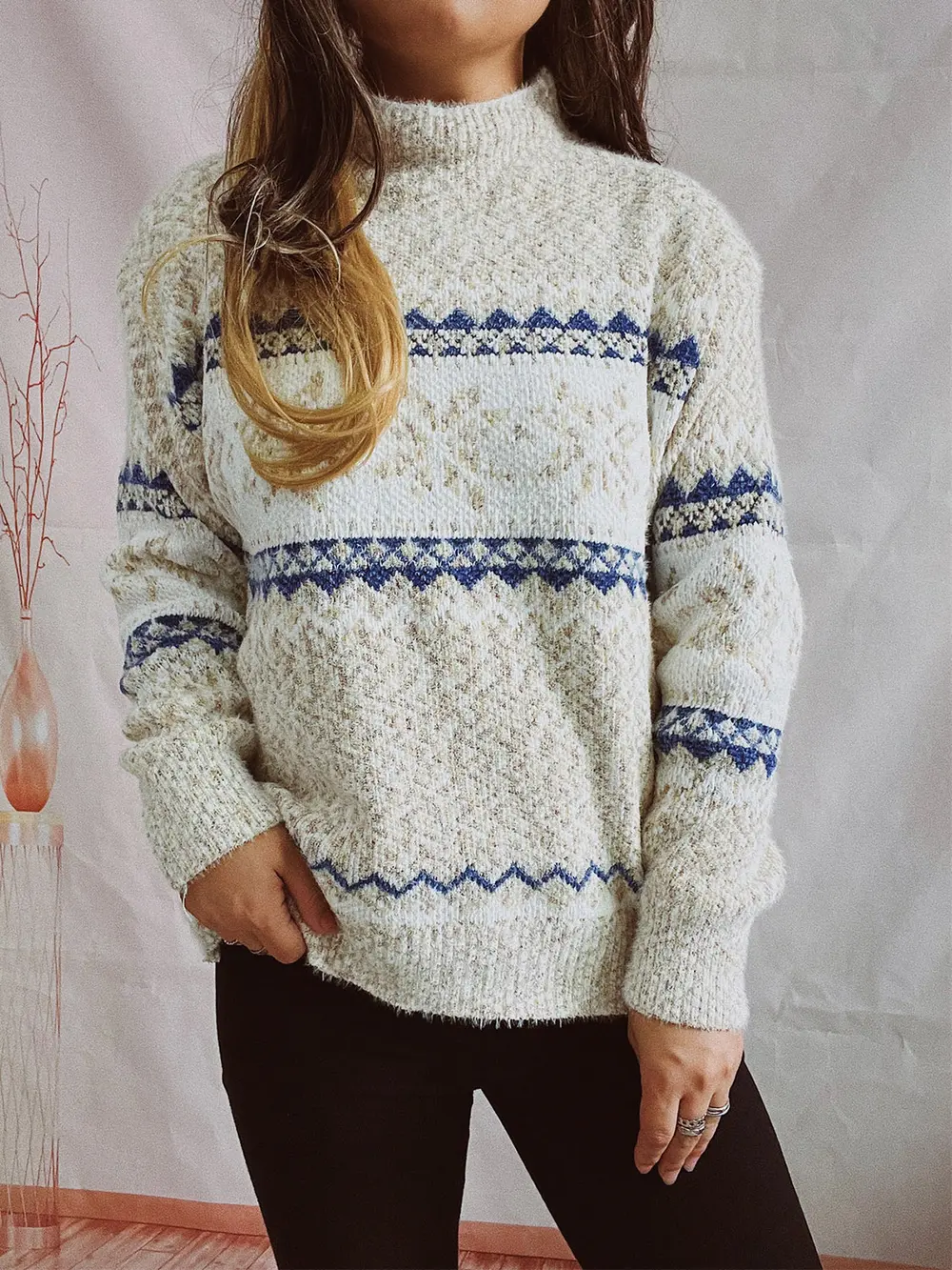 Geometric Mock Neck Dropped Shoulder Sweater, image 2