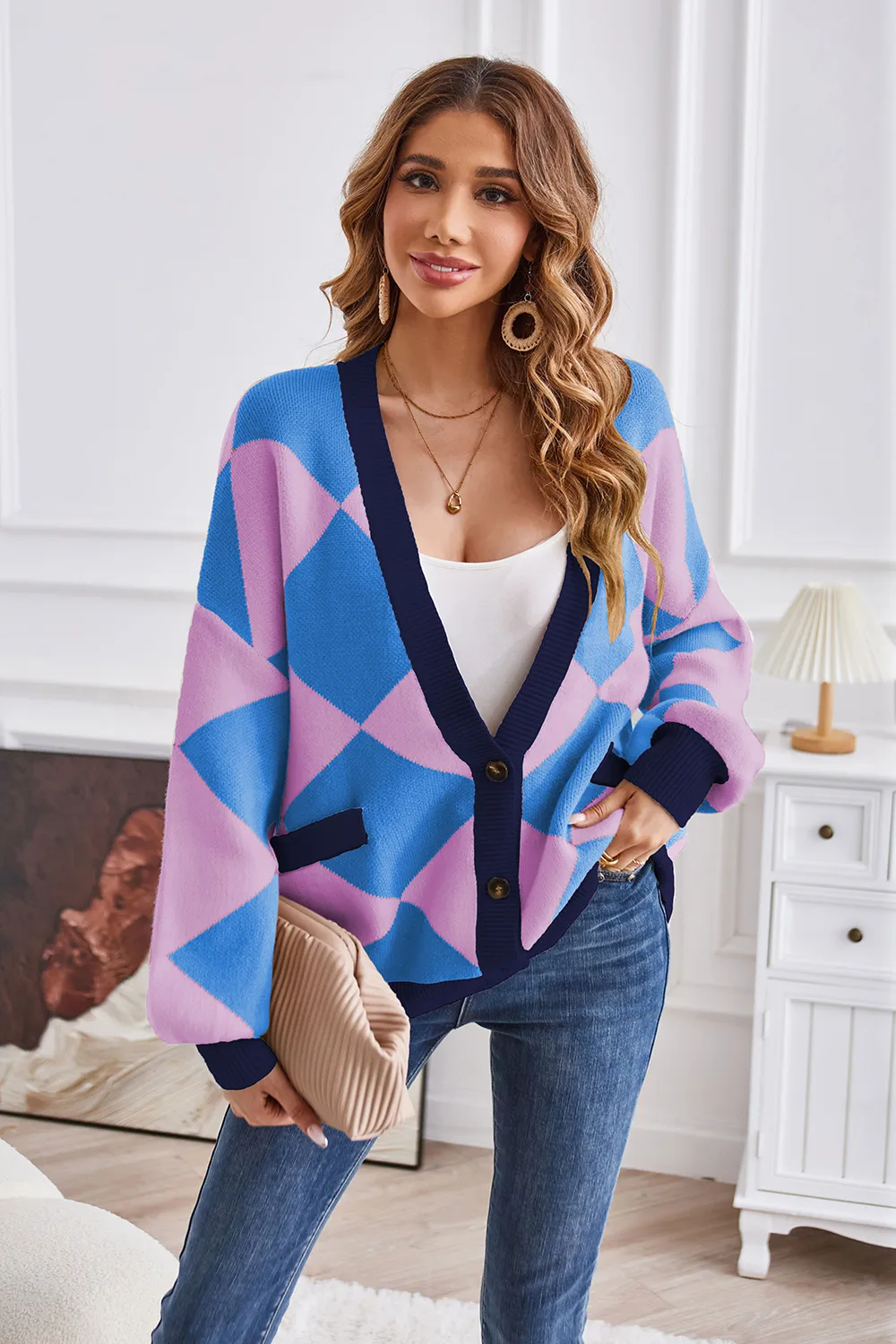 Geometric Lantern Sleeve Cardigan with Pockets, image 6