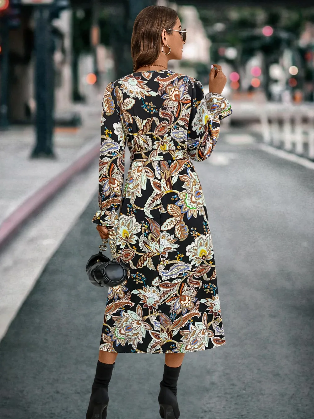 Printed Tie Front Surplice Flounce Sleeve Dress, image 5