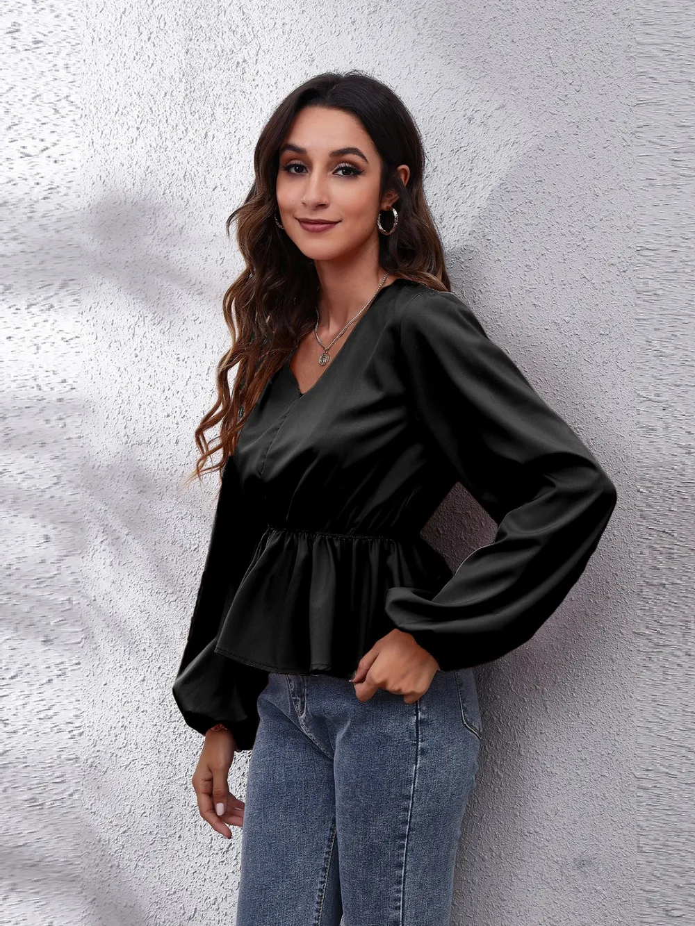 V-Neck Balloon Sleeve Peplum Blouse, image 10