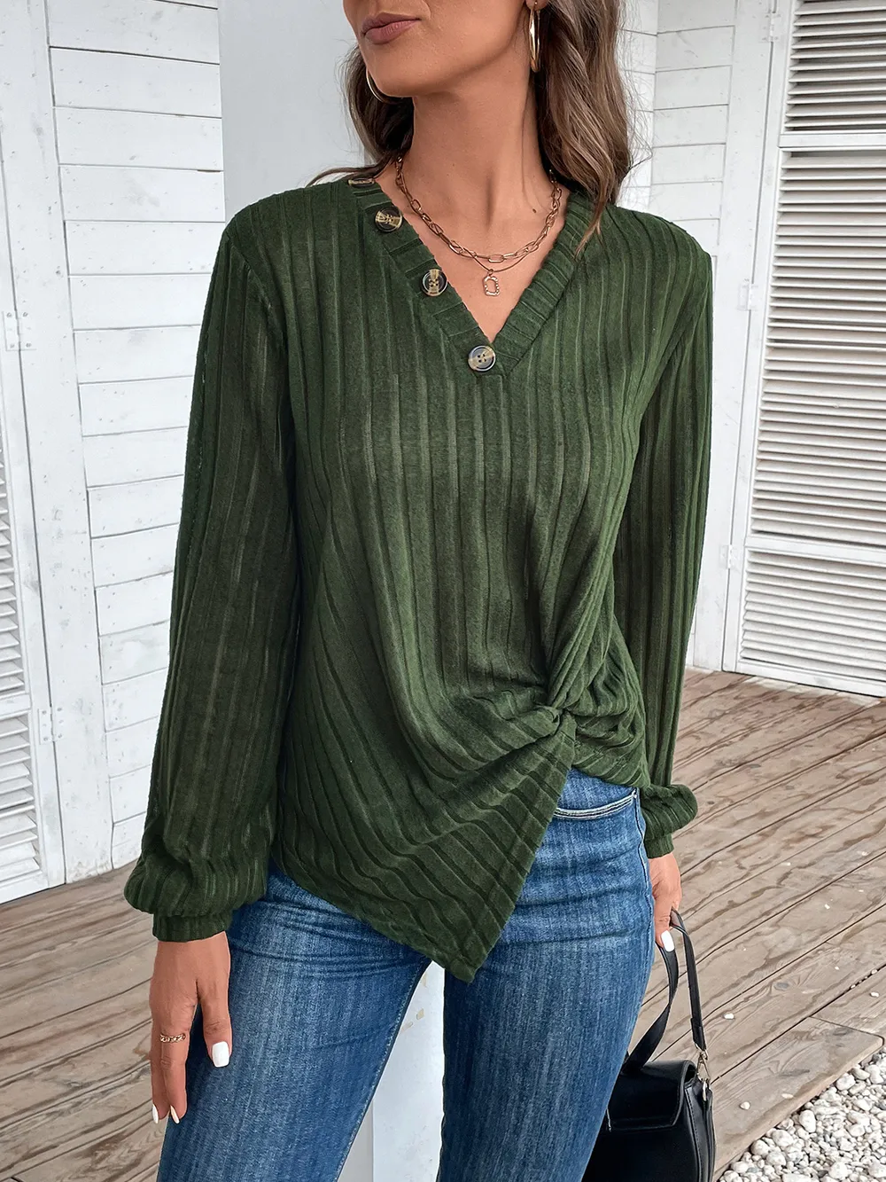 Twisted V-Neck Buttoned Long Sleeve T-Shirt, image 3