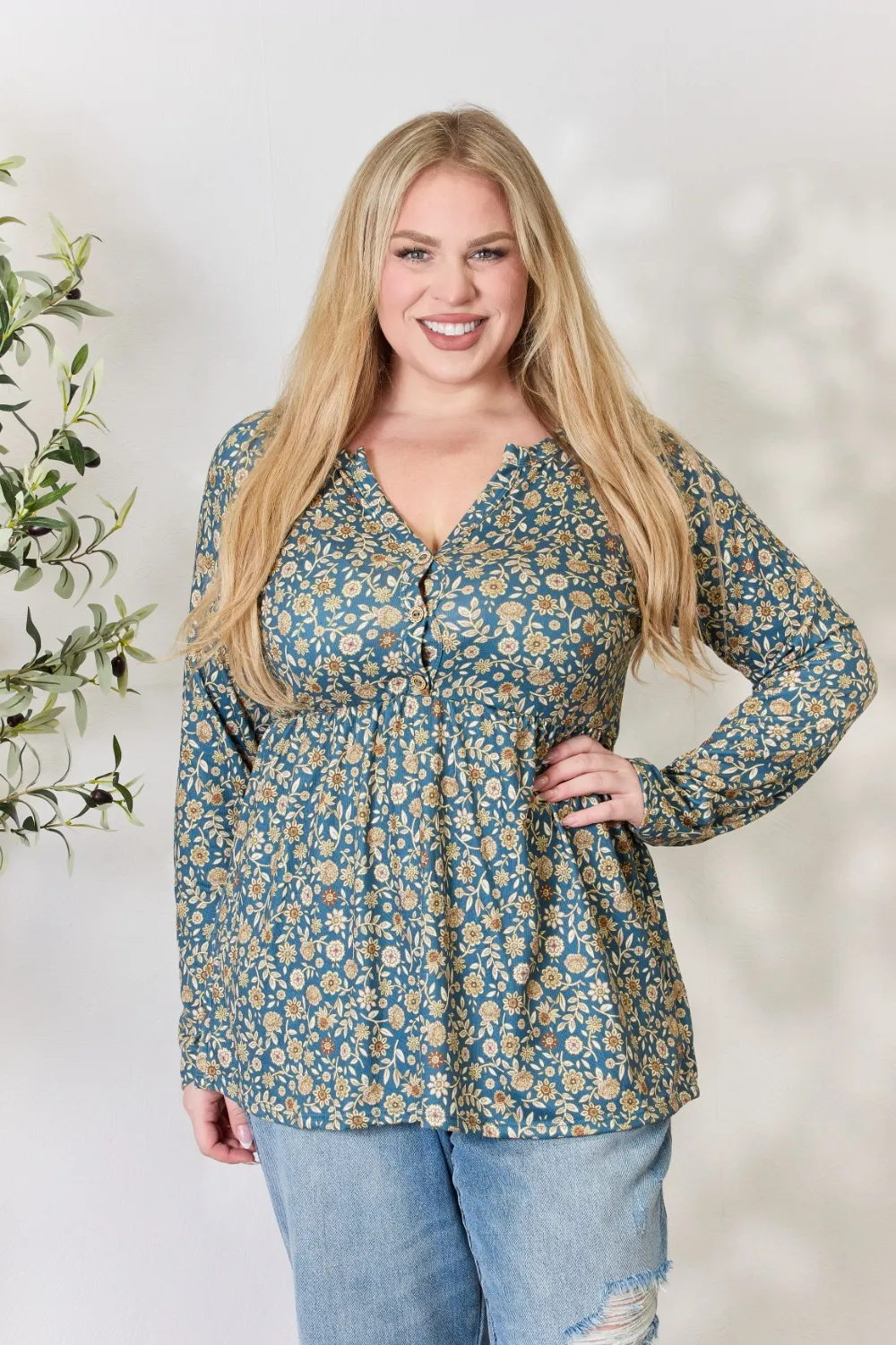 Full Size Floral Half Button Long Sleeve Blouse, image 6