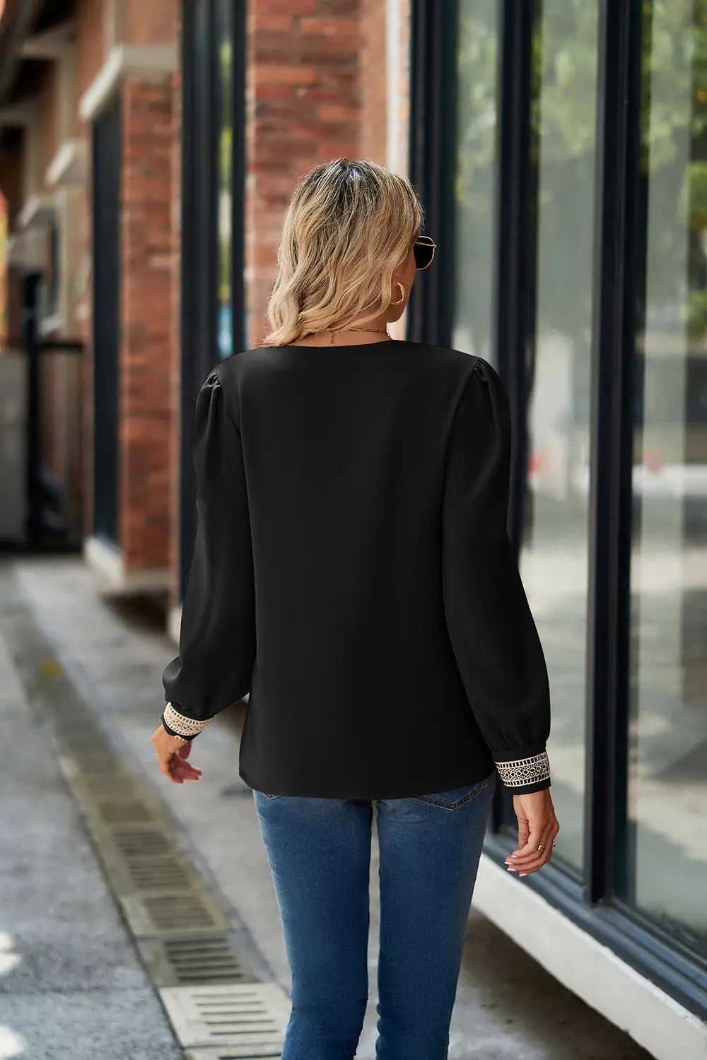 V-Neck Lace Detail Long Sleeve Top, image 6