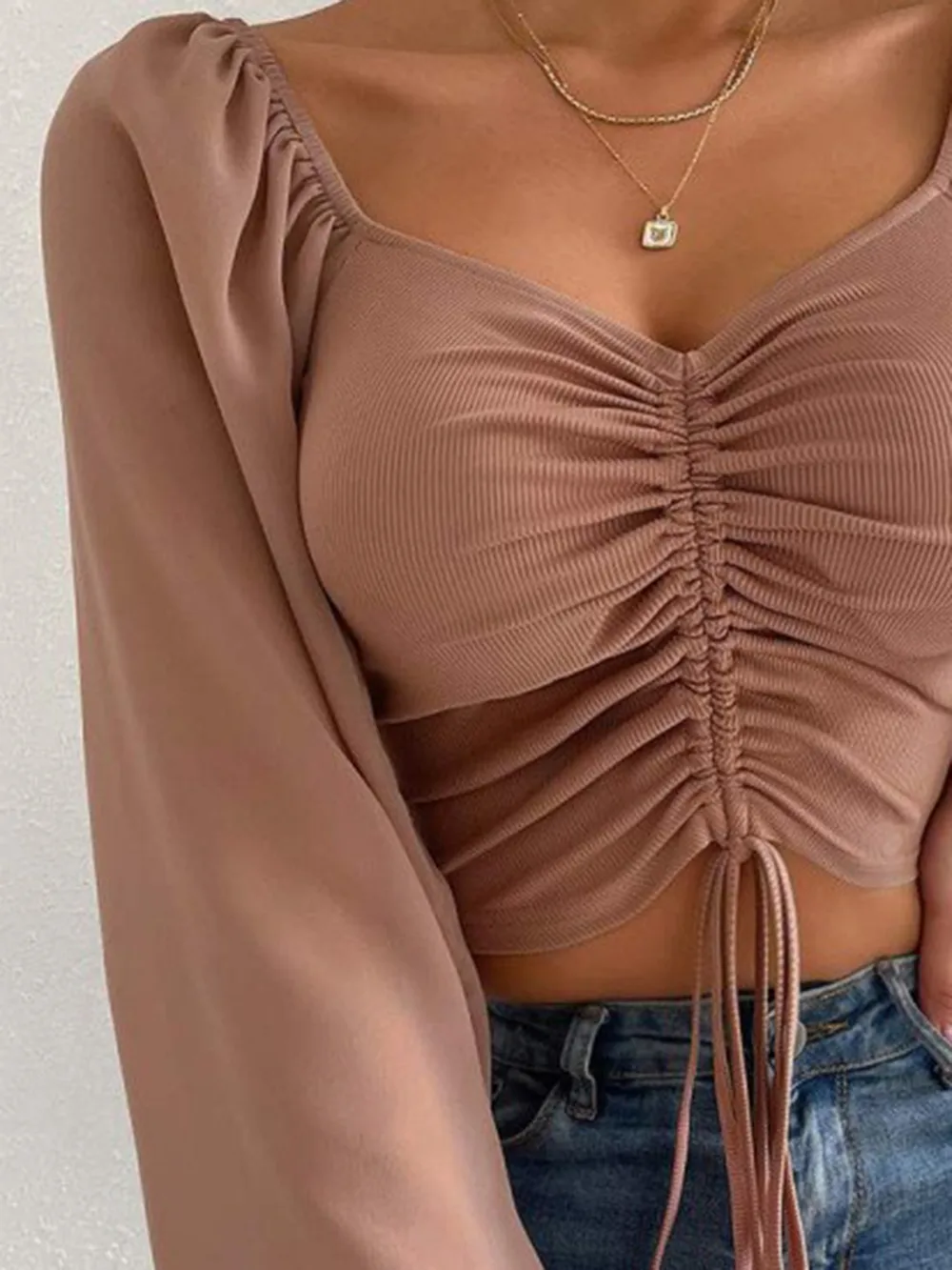 Drawstring Sweetheart Neck Cropped Top, image 17