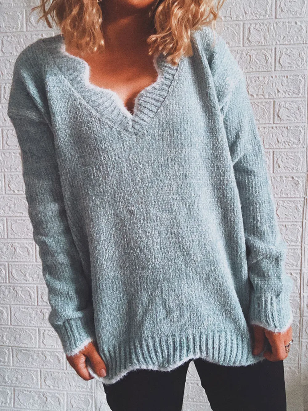 Notched Dropped Shoulder Long Sleeve Sweater, image 5