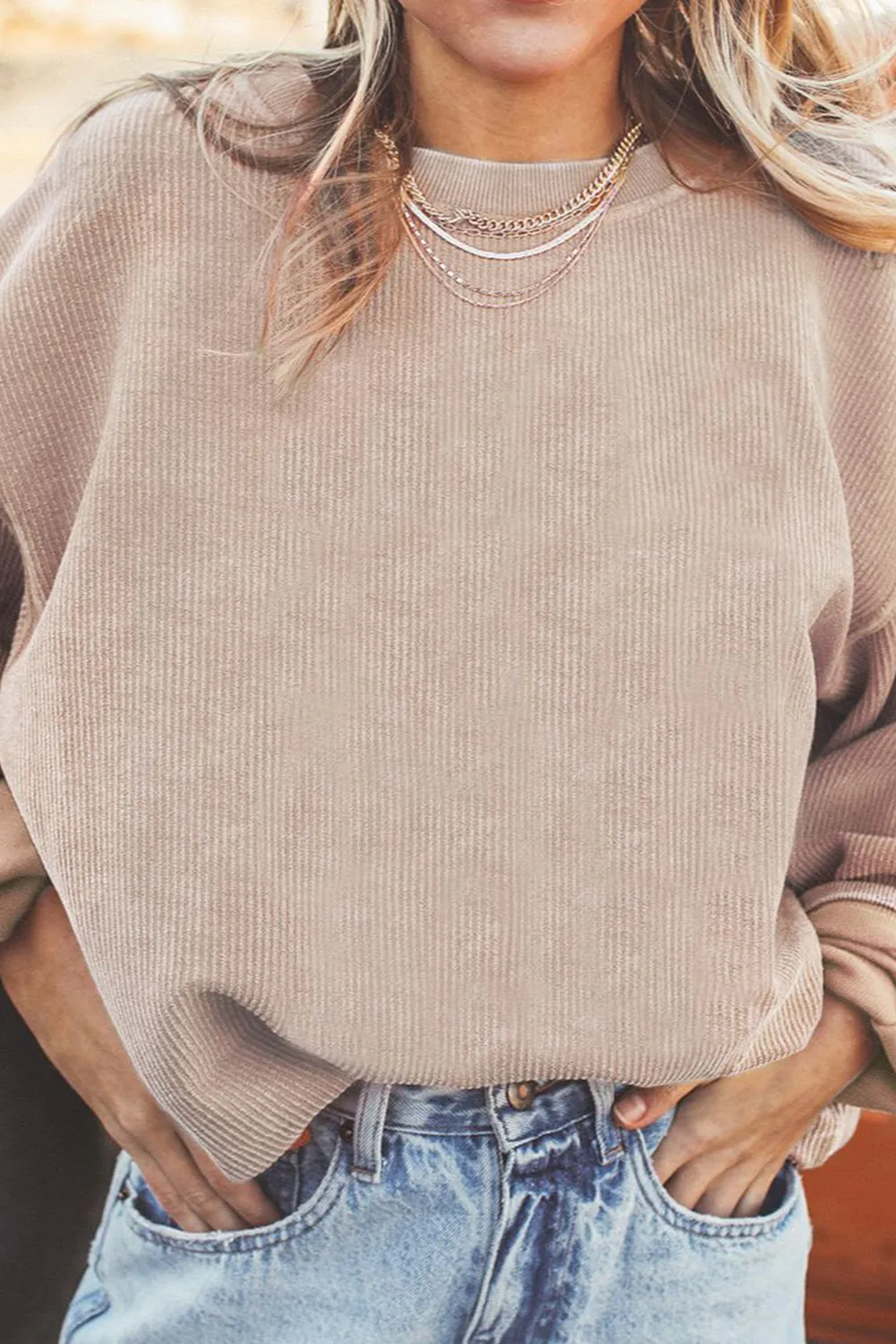 Ribbed Round Neck Drop Shoulder Sweatshirt, image 12