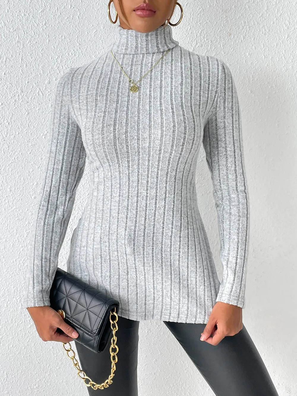 Ribbed Turtleneck Long Sleeve Slit T-Shirt, image 4