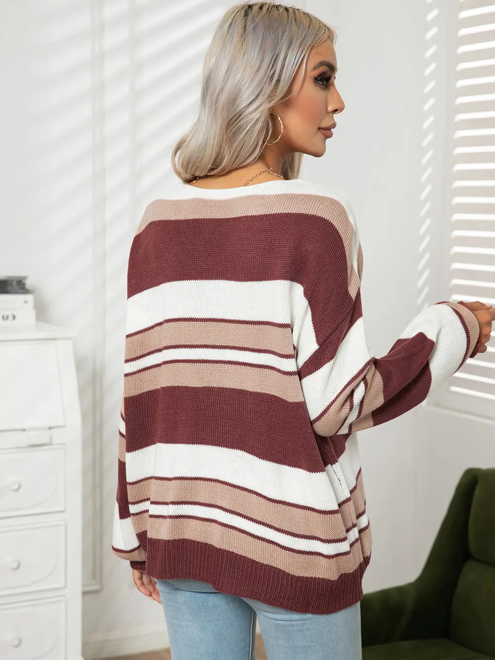 Striped V-Neck Long Sleeve Knit Top, image 3