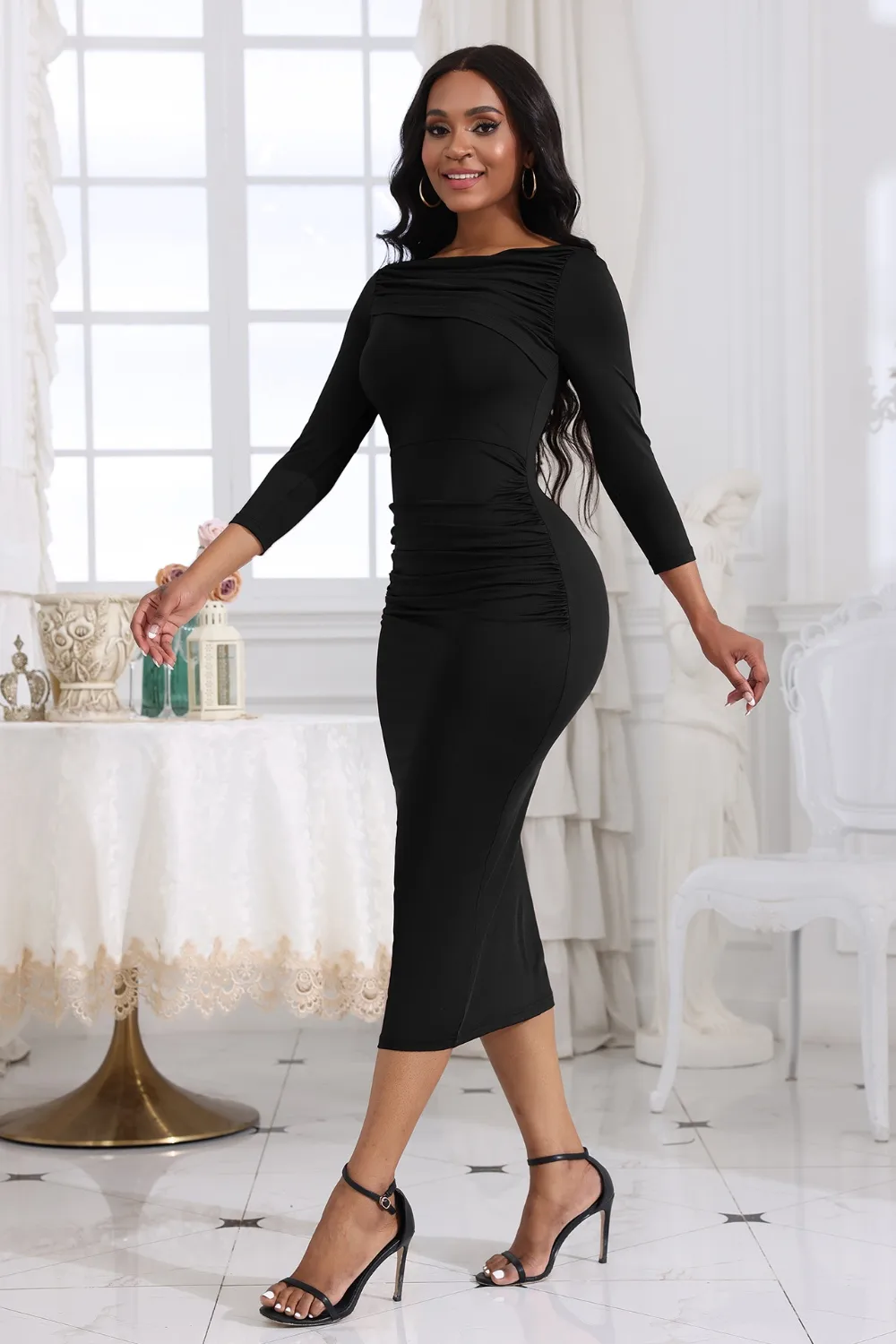 Ruched Boat Neck Midi Dress, image 5