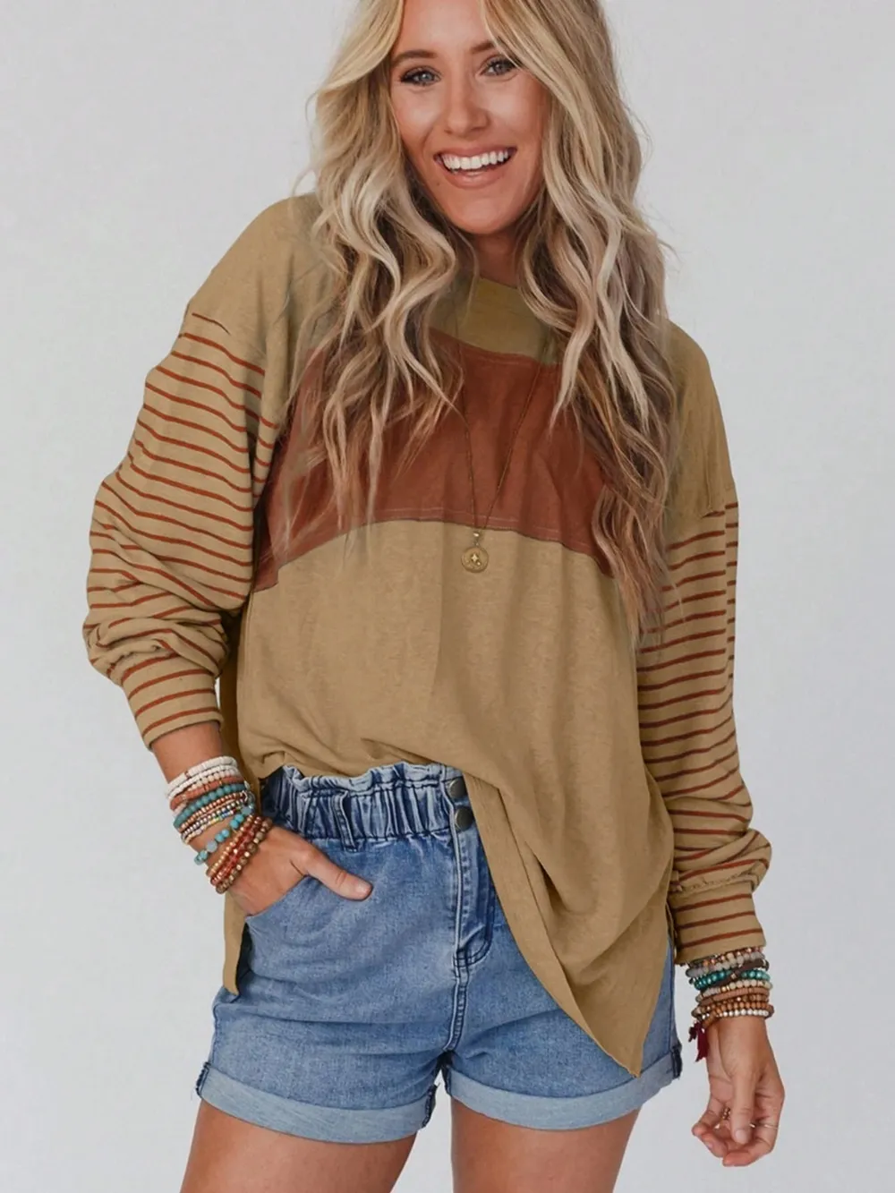 Round Neck Striped Long Sleeve Slit T-Shirt, image 8