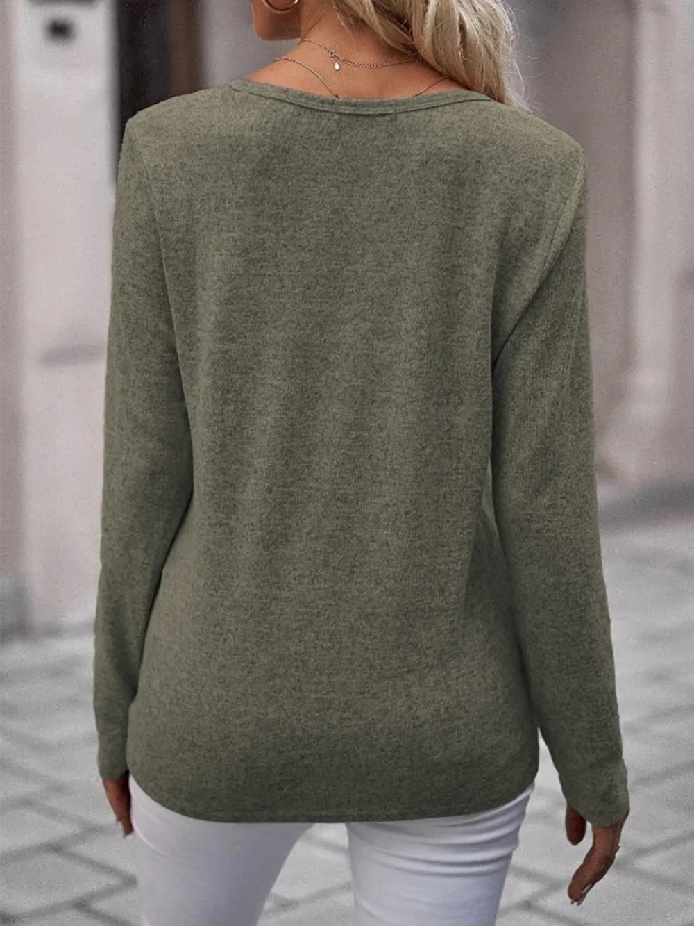Round Neck Buttoned Long Sleeve T-Shirt, image 6