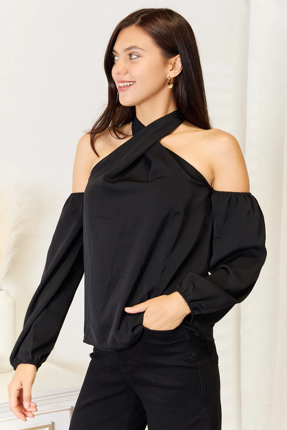 Grecian Cold Shoulder Long Sleeve Blouse, image 3