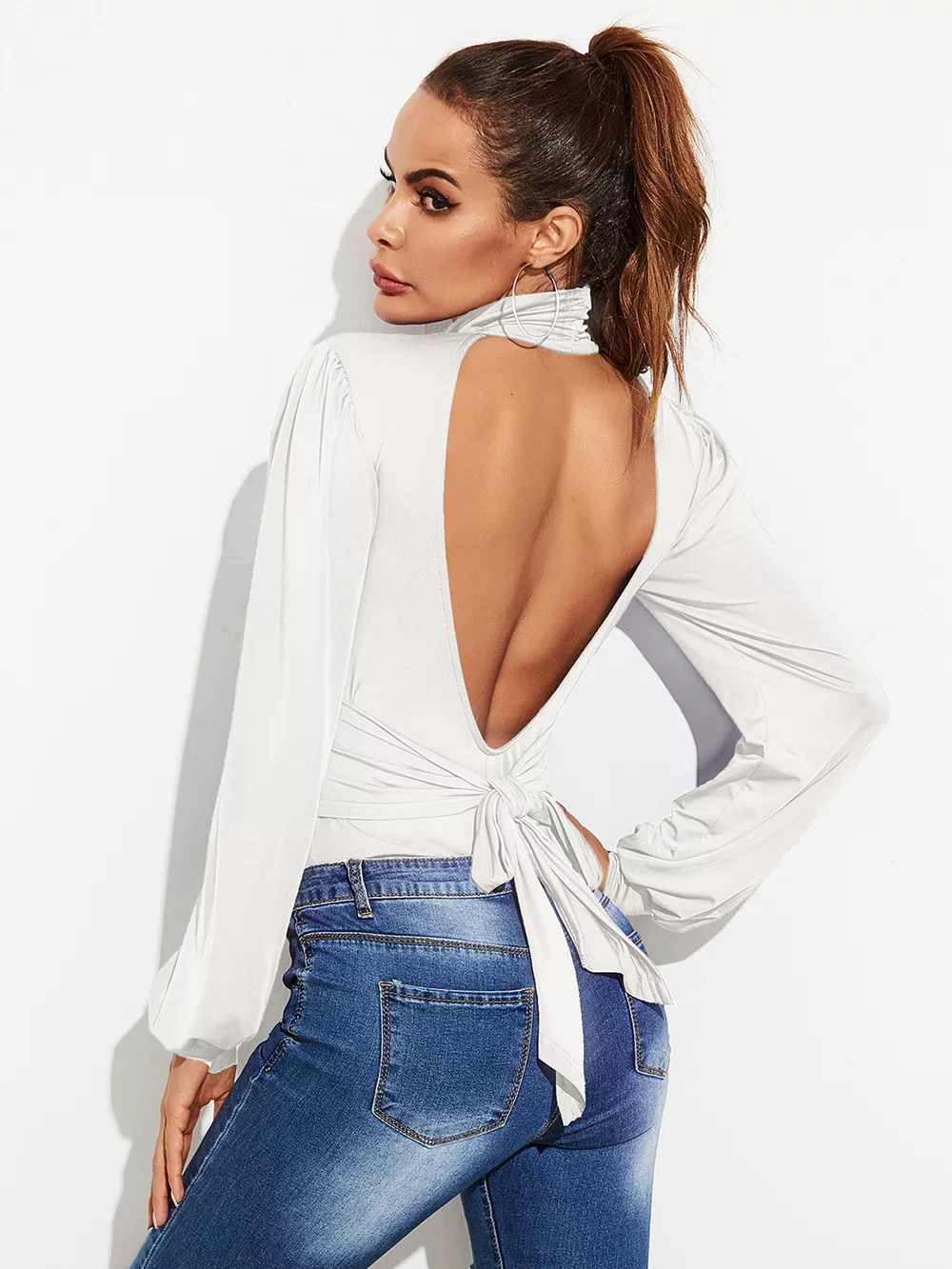 Backless Tie-Waist Turtleneck Lantern Sleeve Bodysuit, image 6