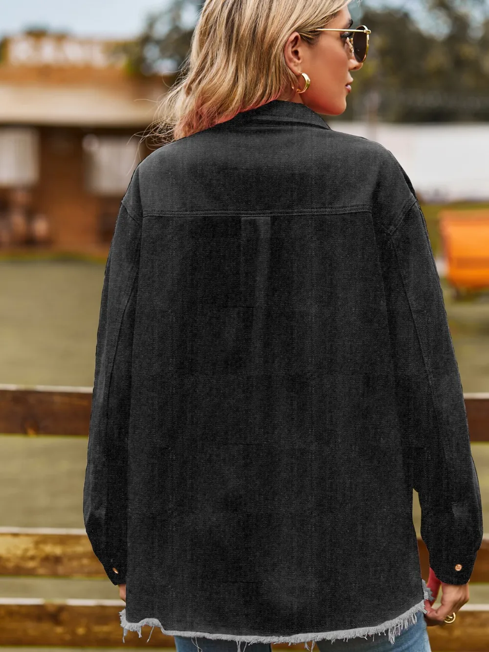 Button Up Collared Neck Raw Hem Denim Top, image 10